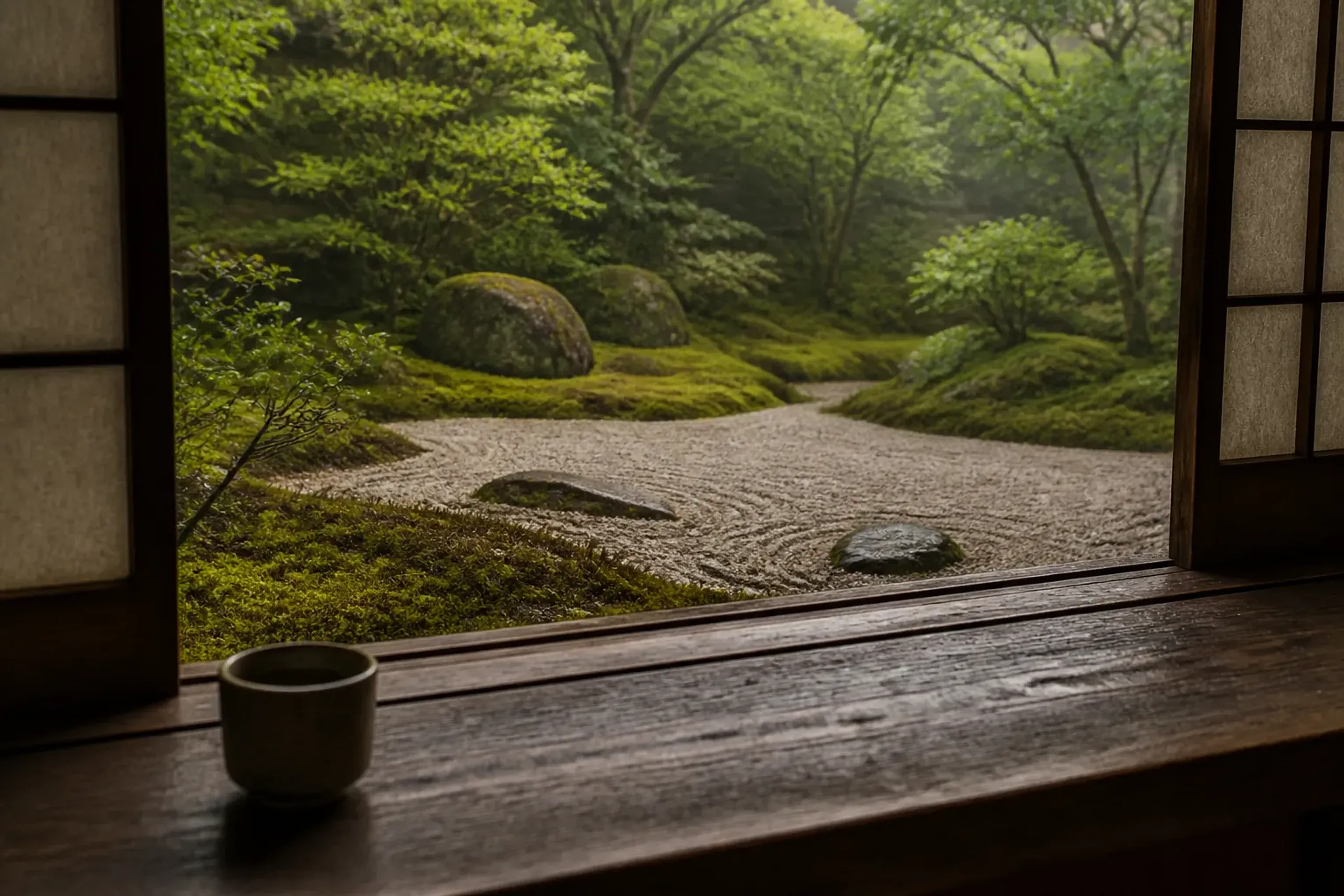 A serene, wabi-sabi garden view framed from inside a private dining room—weathered wooden sill in the foreground, mossy stones and a slightly imperfect, ink-wash-like composition of shrubs and raked g
