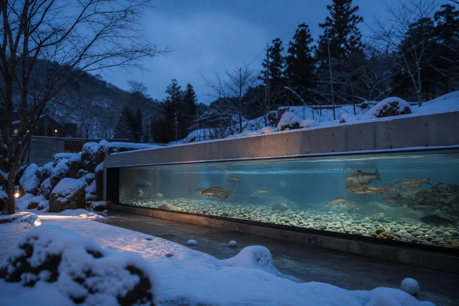 Wild salmon swimming upstream viewed through an underwater window on the Chitose River