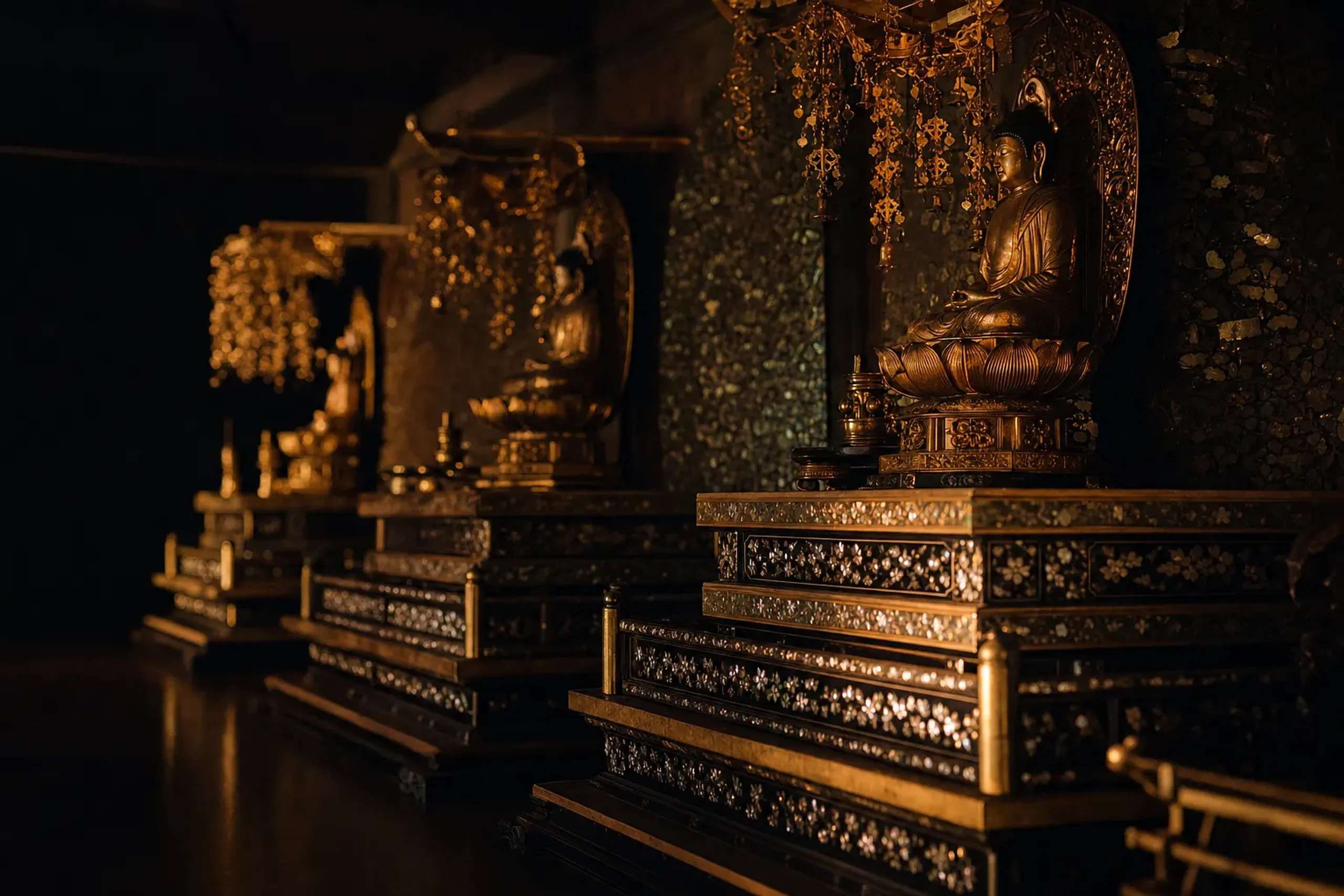 The three raised altar platforms inside the Golden Hall of Chūson-ji, their gilded lacquer and mother-of-pearl inlay glowing in low pavilion light