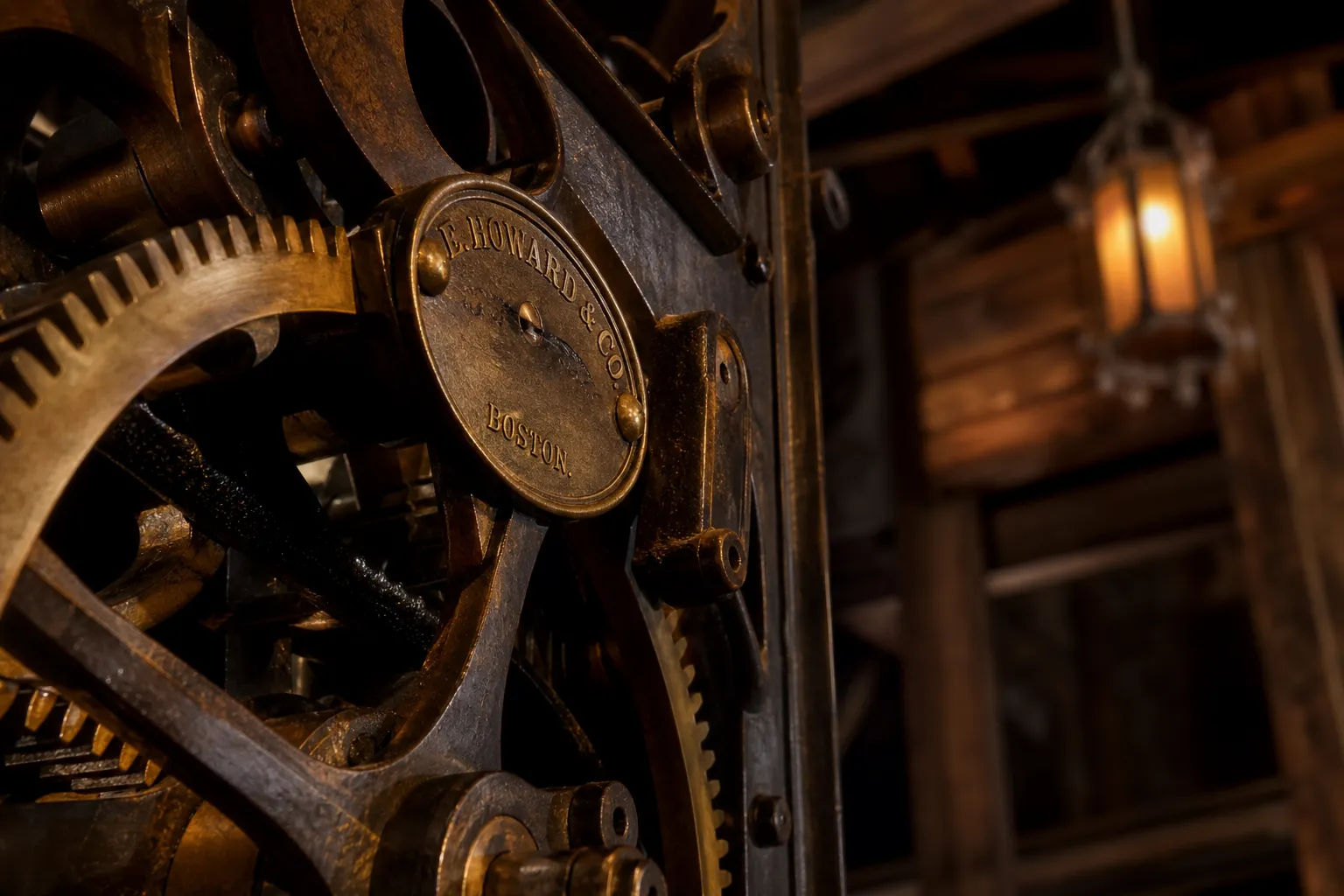 Antique E. Howard and Co clock mechanism with brass gears inside the Sapporo Clock Tower