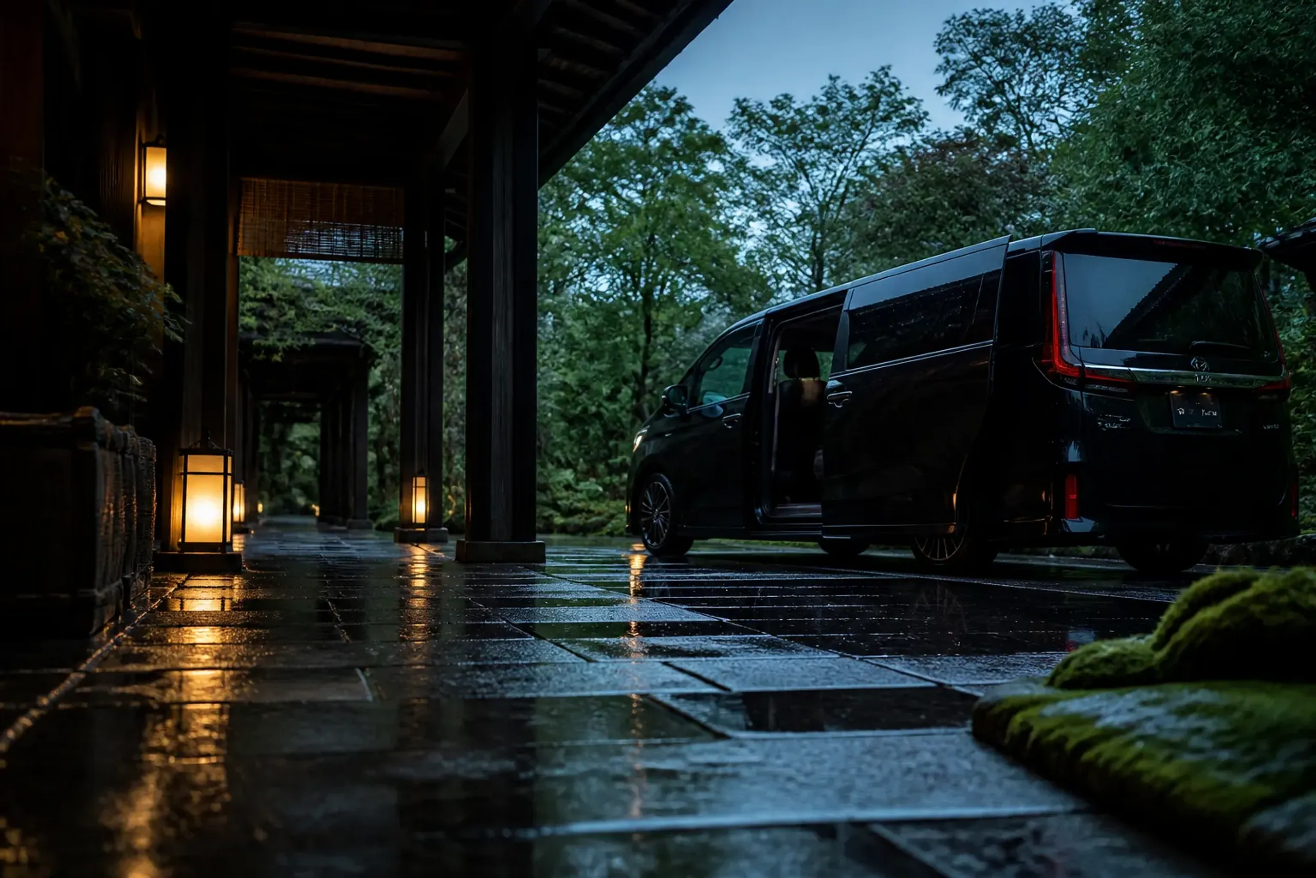 Luxury minivan waiting at a private side entrance of a Japanese hotel at dawn with no people visible
