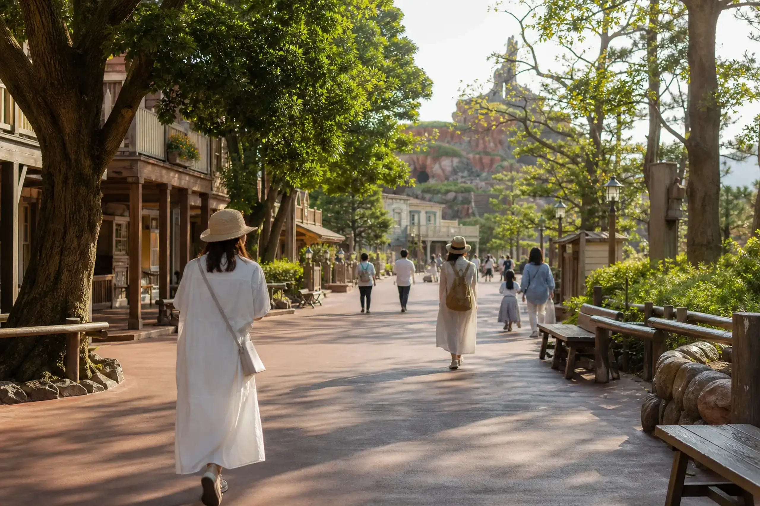 Shaded Westernland walkway at Tokyo Disneyland ideal for a midday break