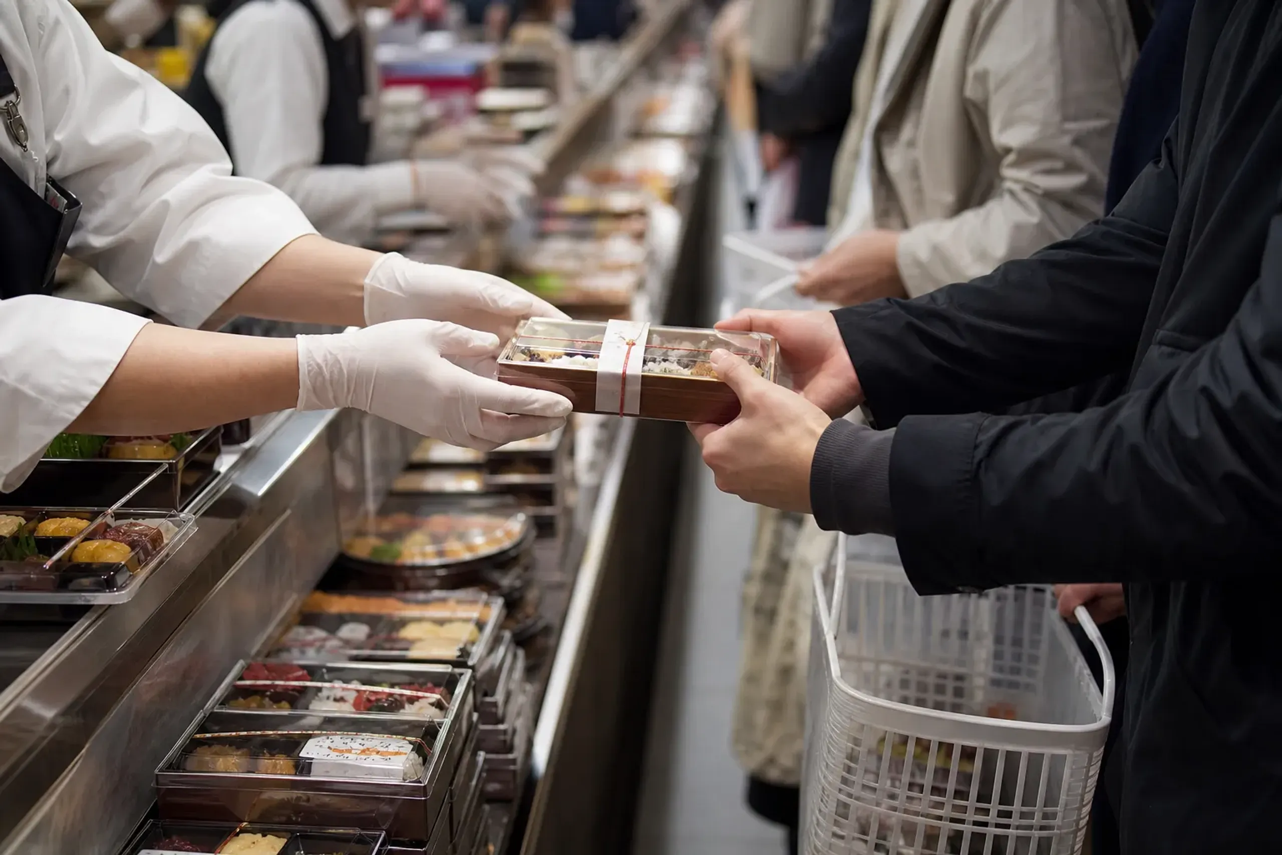 A tight, crowded depachika aisle at late-afternoon peak with fast-moving takeaway queues on both sides—prepared-food counters, shoppers’ hands holding small plastic baskets, and the compressed, baseme