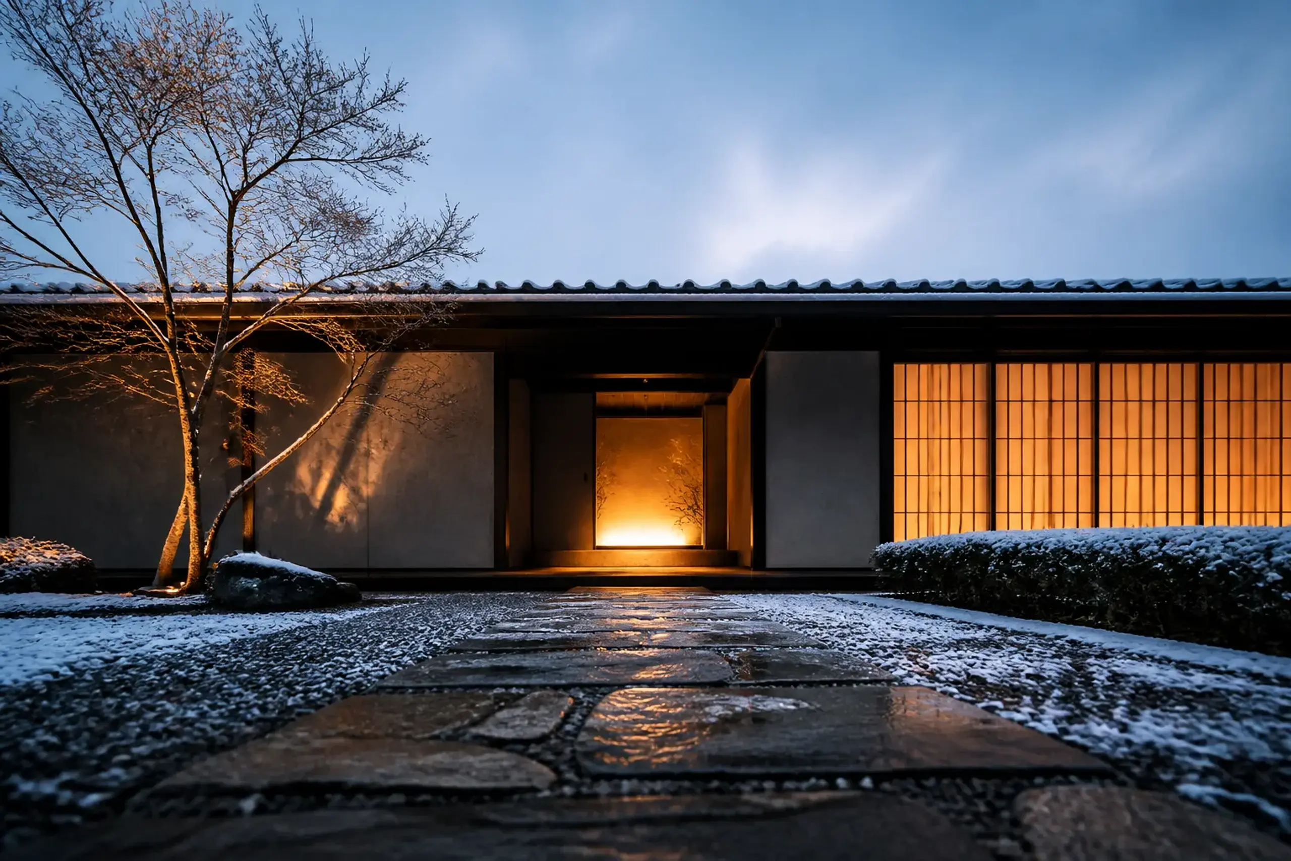 Person-free exterior of a contemporary Japanese inn at dusk with warm light