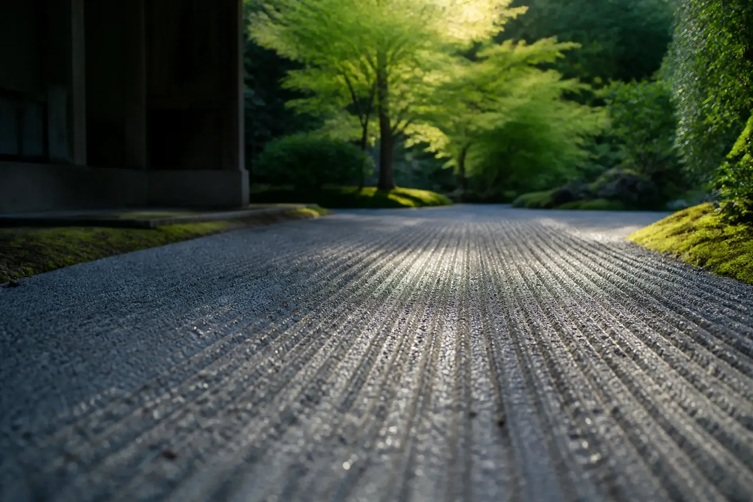 A raked gravel path in a Kyoto temple garden at opening hour, empty and dew-touched, with soft early morning light filtering through maple trees