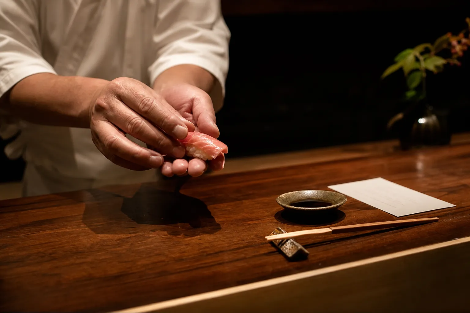 Chef’s hands preparing nigiri at a sushi counter with warm light