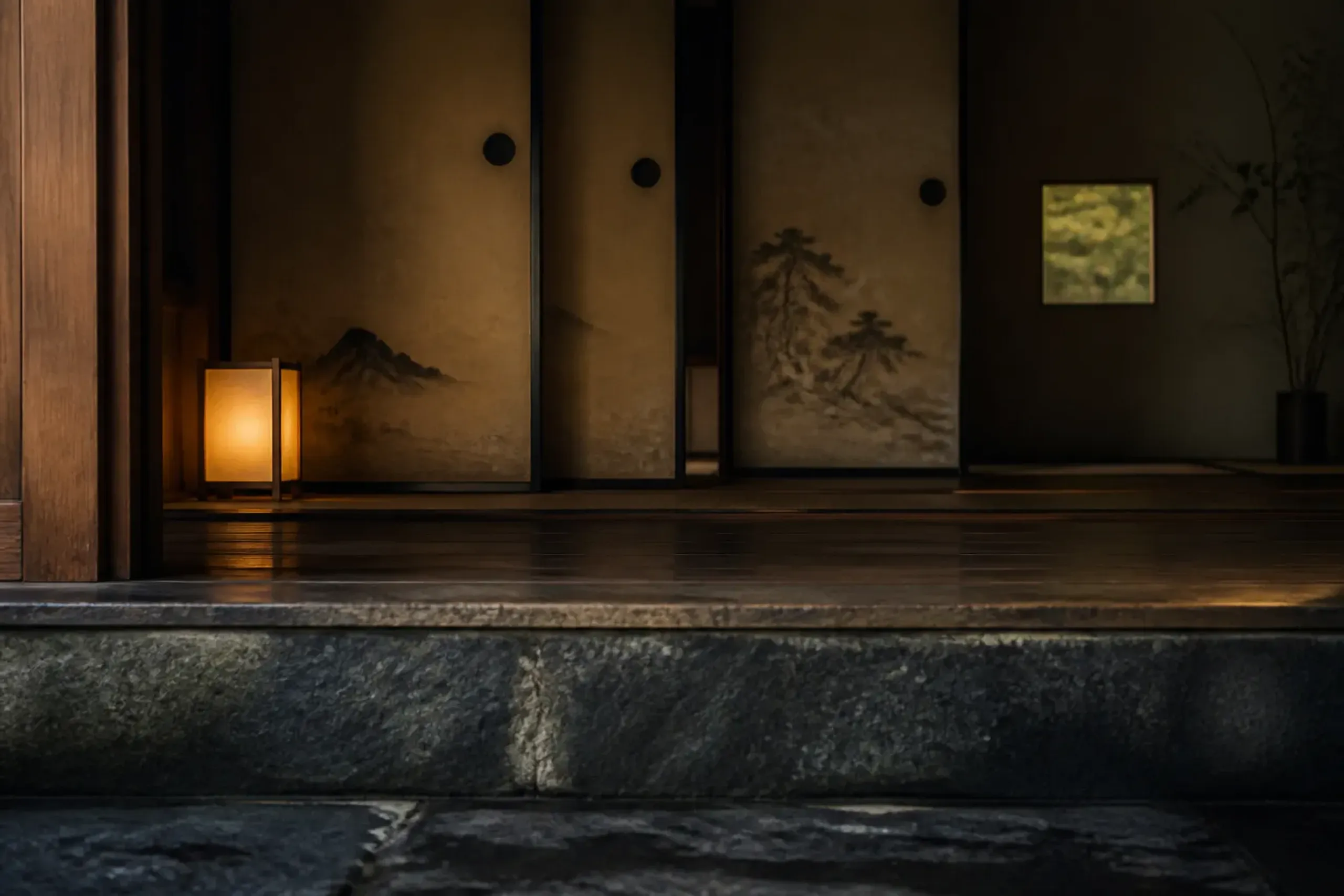 Traditional Japanese entrance with layered sliding panels and stone step in soft light