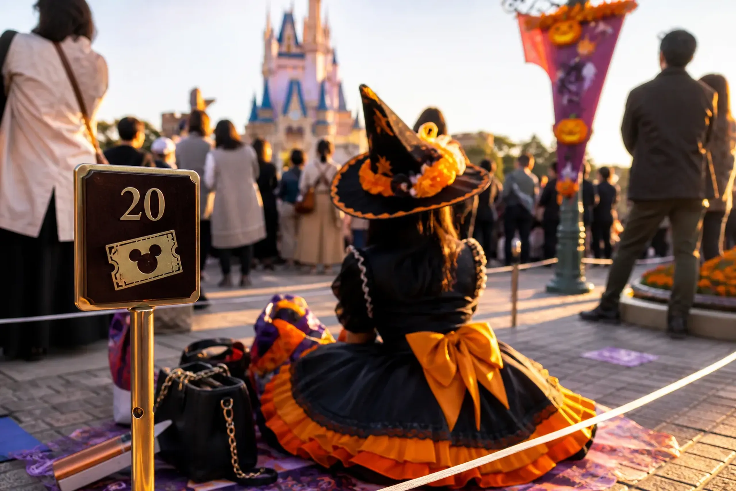 Reserved viewing area markers along a parade route, illustrating how seating reduces standing time in costume
