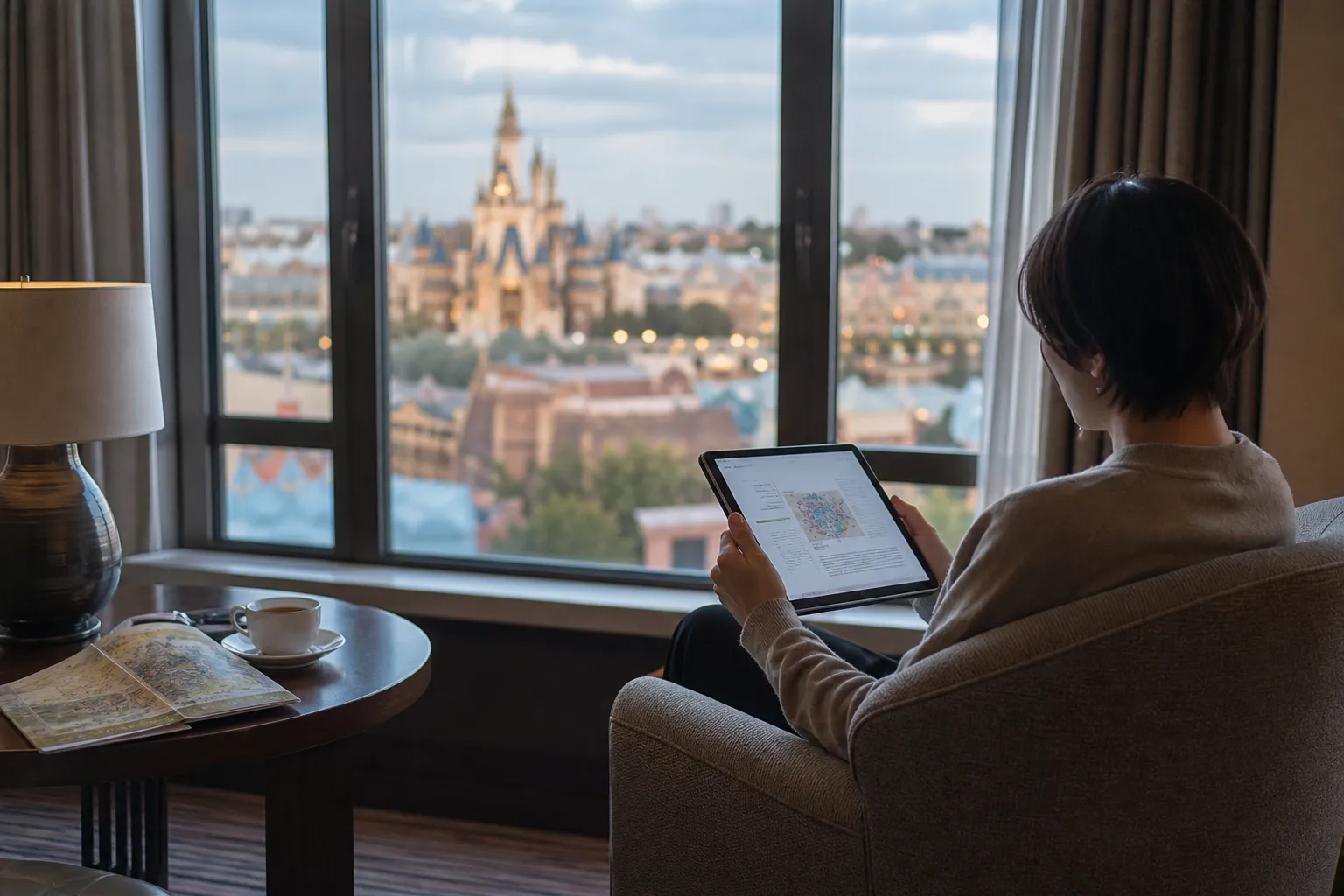 Guest verifying official Tokyo Disney Resort information on a tablet in a quiet lounge