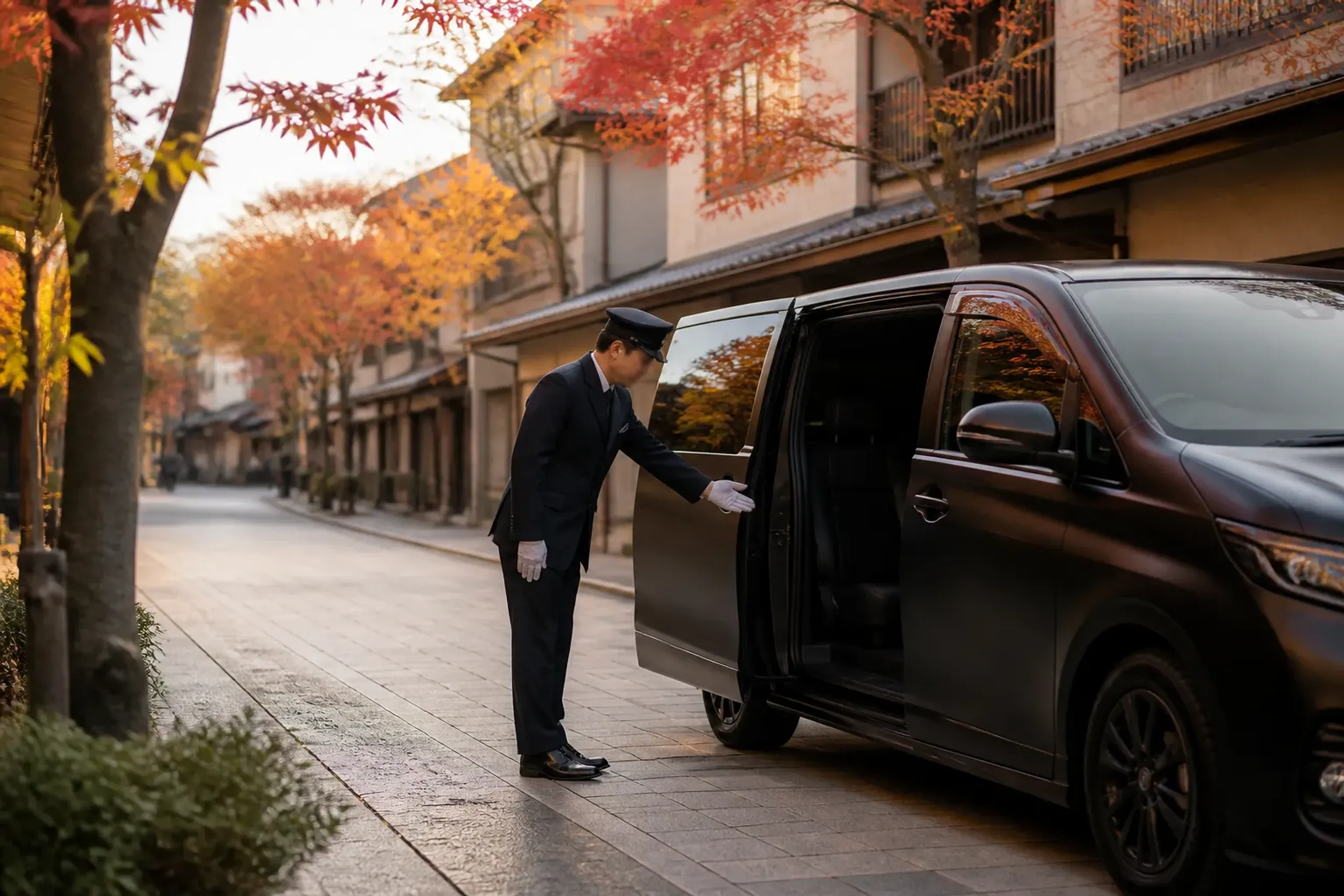 Chauffeur opening the door of a luxury van for a guest on a Tokyo street
