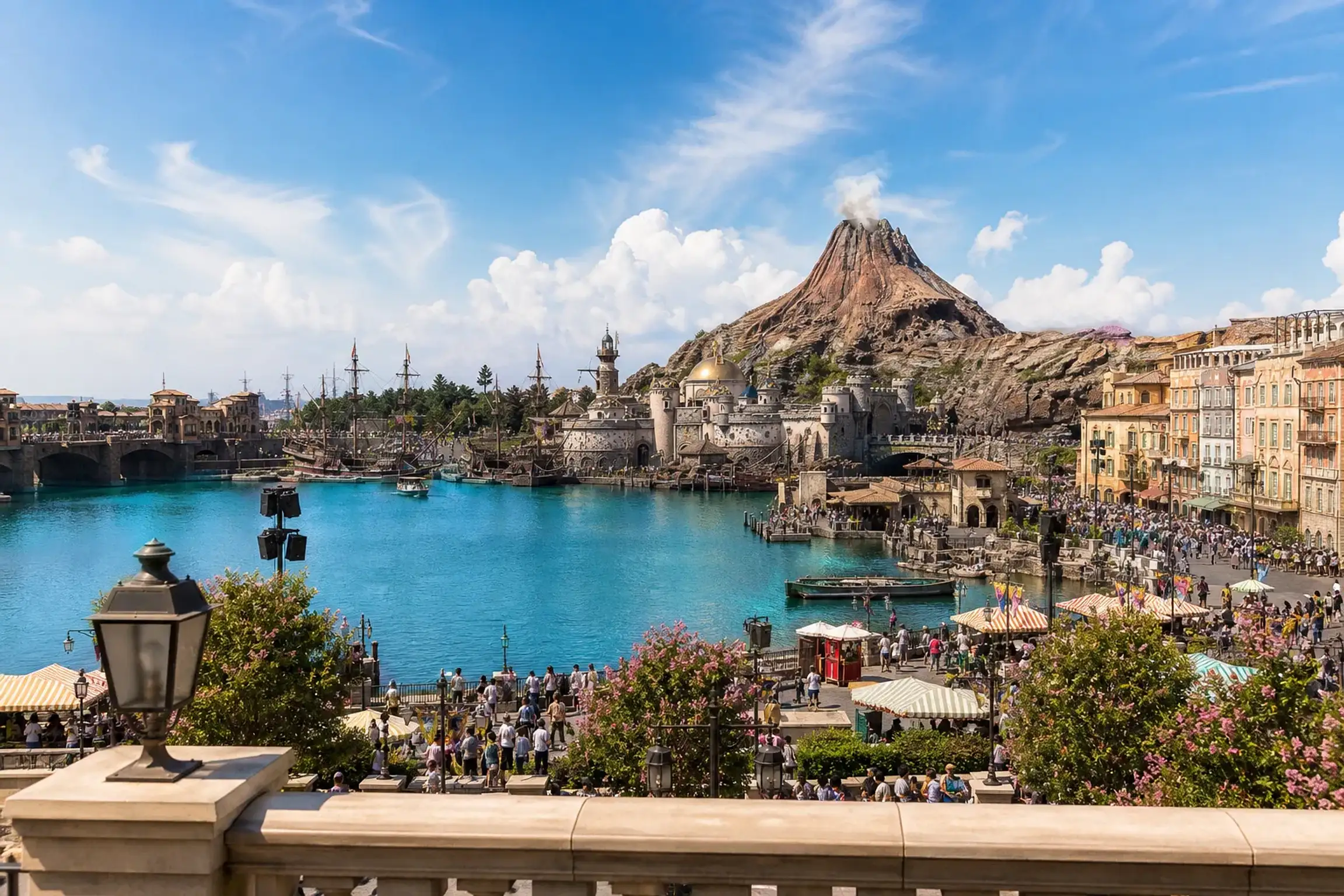 Tokyo DisneySea Mediterranean Harbor crowded on a bright summer day