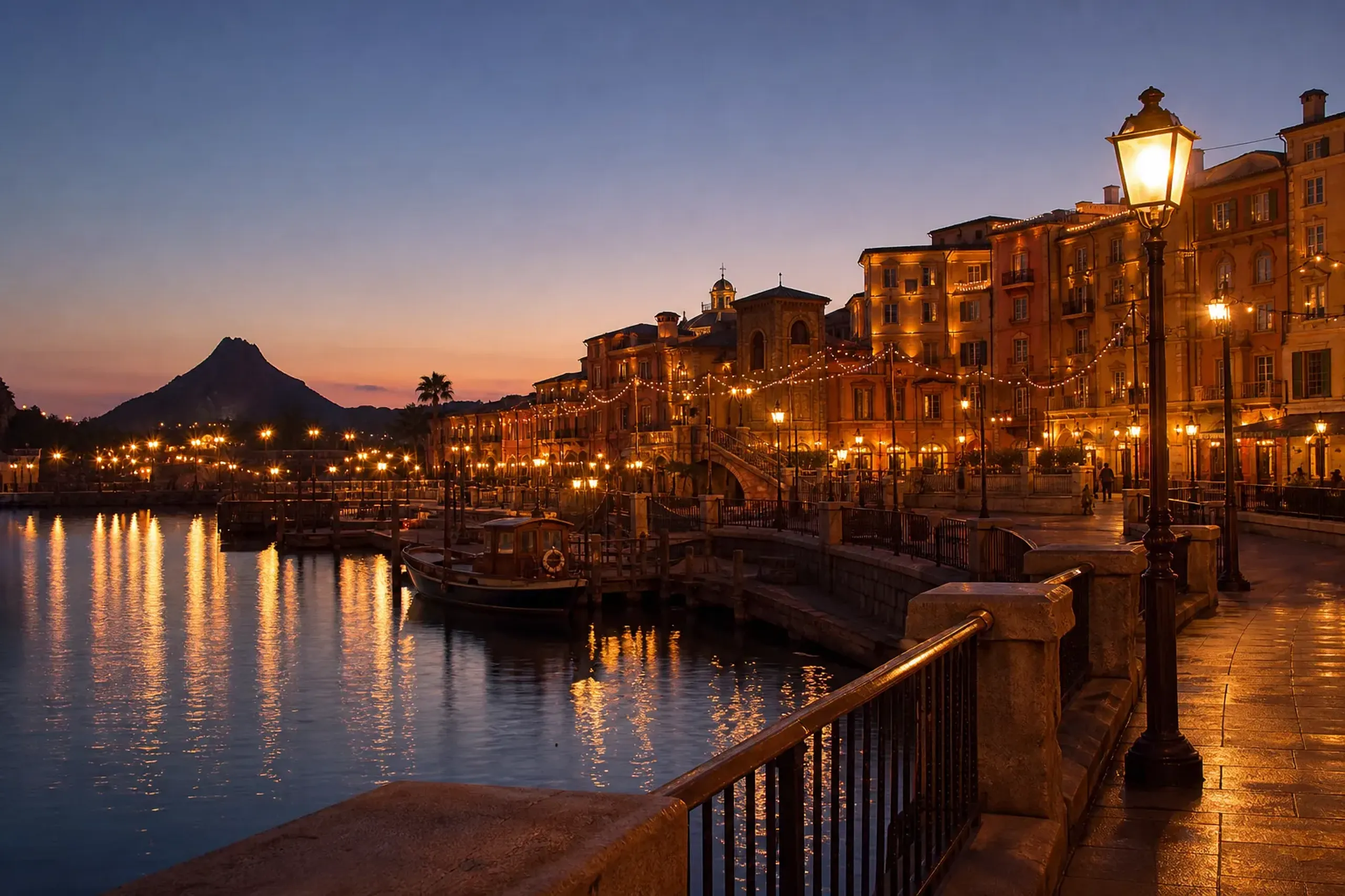 Tokyo DisneySea harbor glowing with lights at dusk in summer