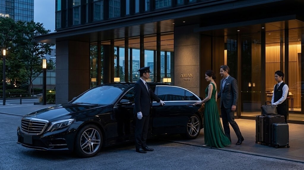 A chauffeur in a suit and cap opens the rear door of a black luxury sedan as a couple in formal attire arrive at a hotel entrance with luggage nearby.