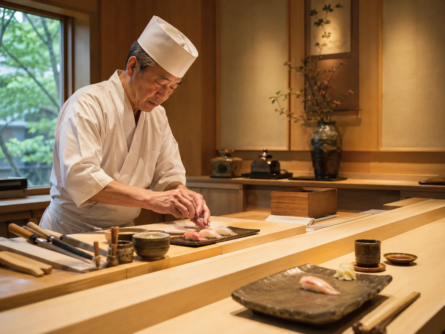 A sushi master placing nigiri on a stone plate at a cypress counter