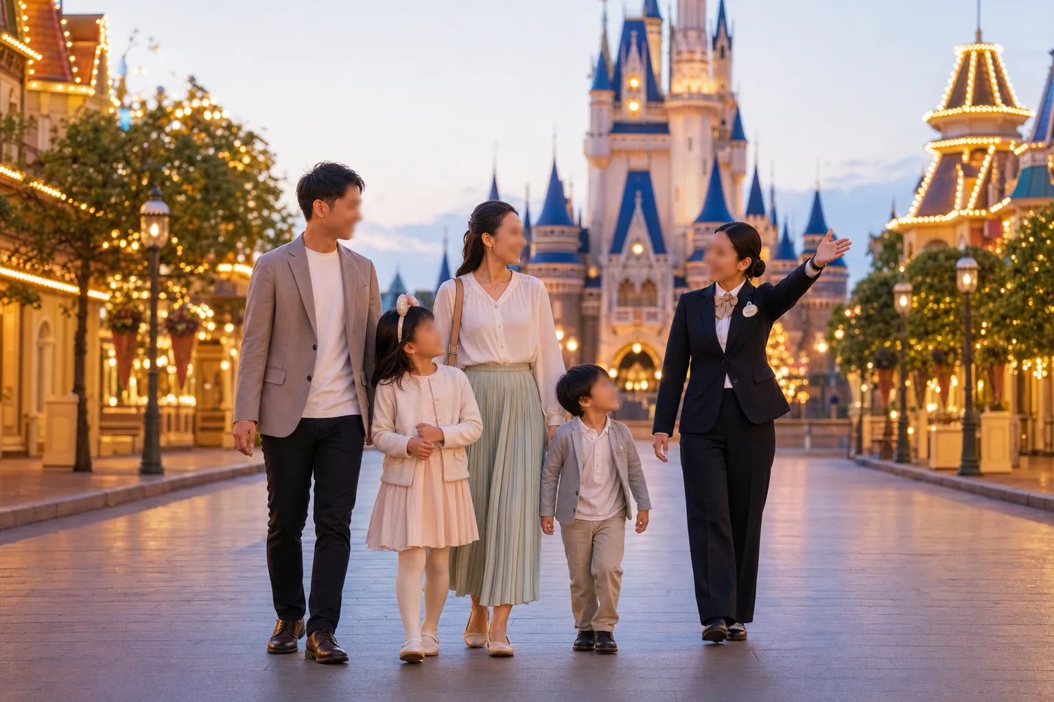 A family walking with a guide along a Tokyo Disney promenade in soft evening light