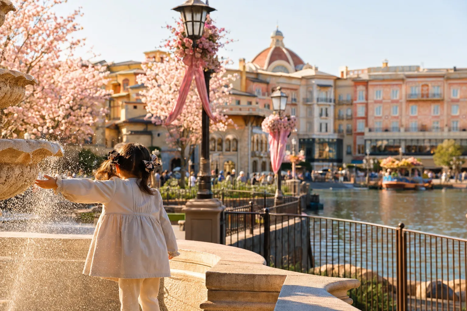 Golden evening light over the harbourside at Tokyo DisneySea with themed architecture