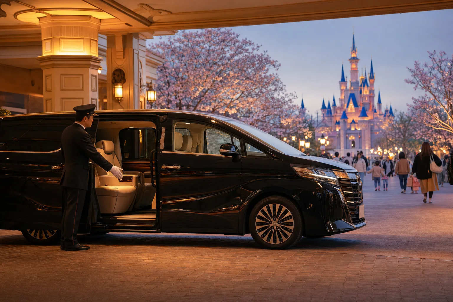 Black luxury minivan with uniformed chauffeur at a hotel entrance in the evening