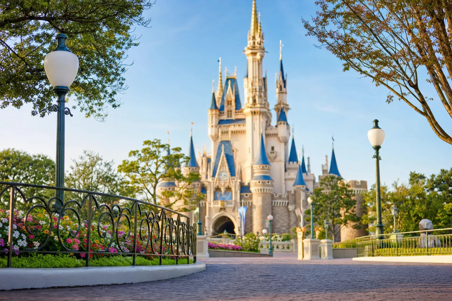 An uncrowded Tokyo Disney pathway in early morning light before the crowds arrive