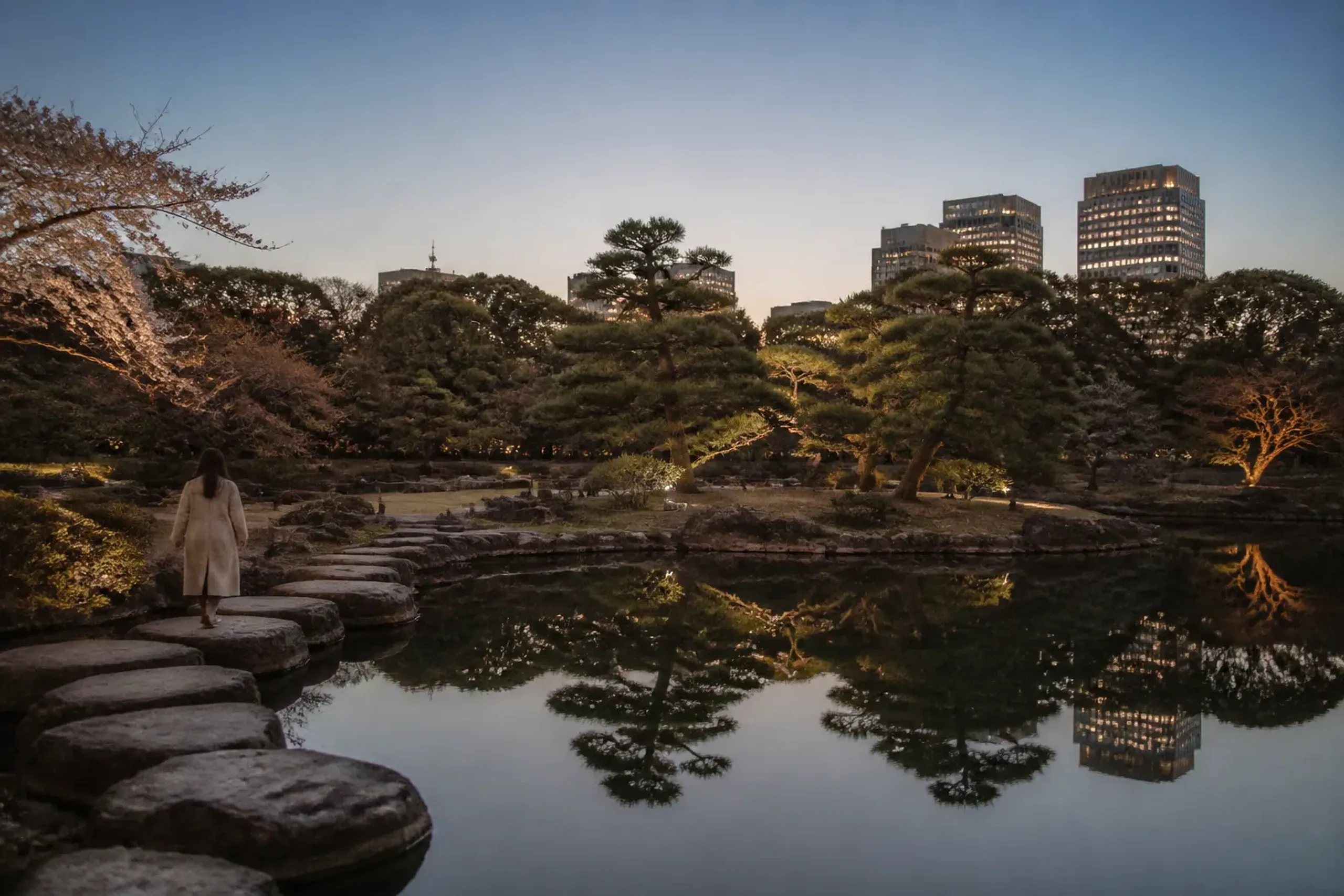 Traditional Japanese garden with a still pond and pruned pines in central Tokyo