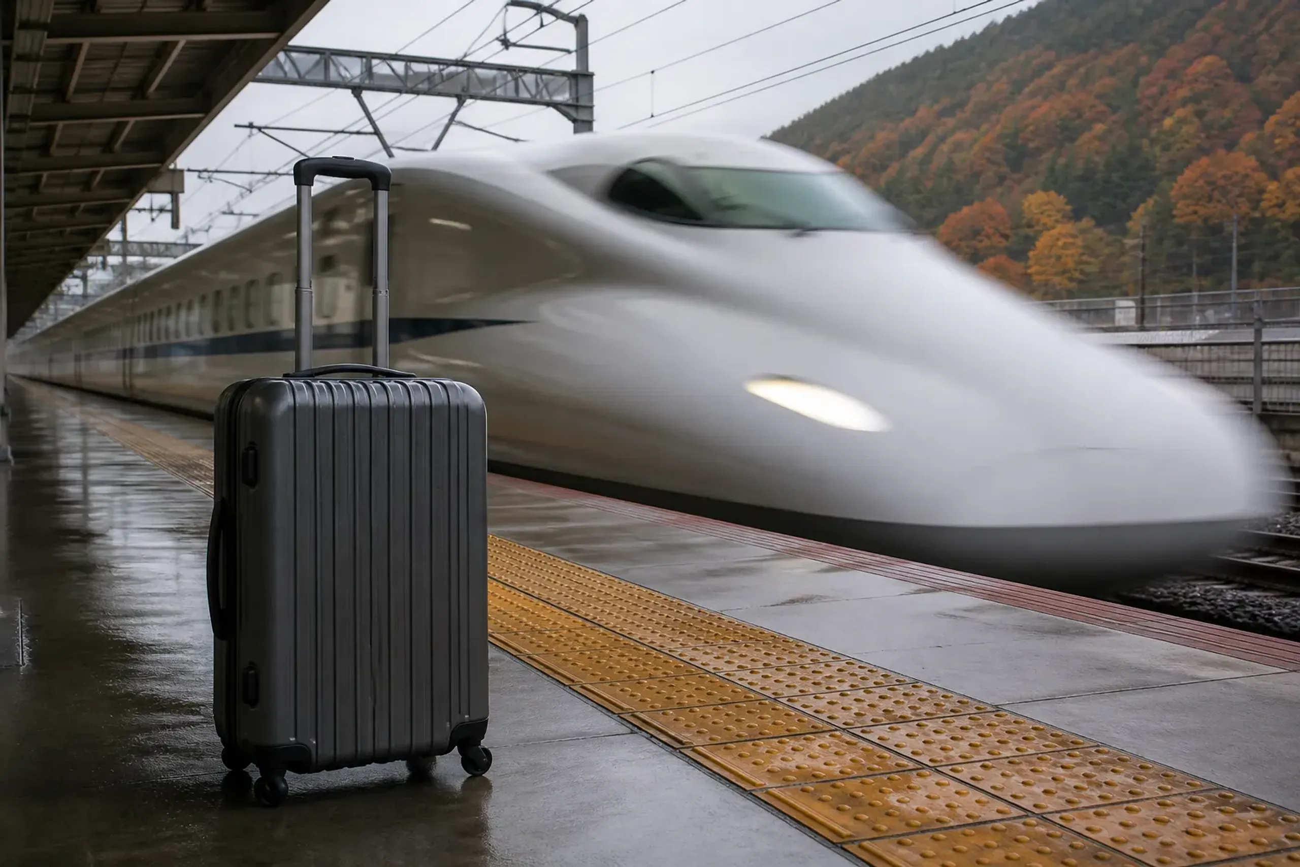 a lone traveller's suitcase standing beside the yellow tactile paving on a Shinkansen platform as a bullet train pulls in
