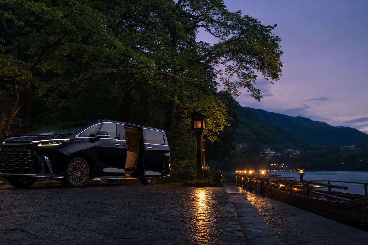 the black Lexus LM 500 luxury van parked and waiting at the Gifu boarding pier along the Nagara River at dusk, riverside lanterns glowing behind it