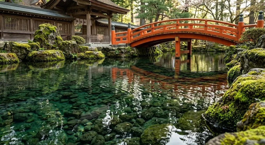 Pristine sacred spring water flows through the Wakutama-ike pond at the shrine’s base, where Mount Fuji's snowmelt emerges through volcanic rock amidst lush greenery and mossy stones.