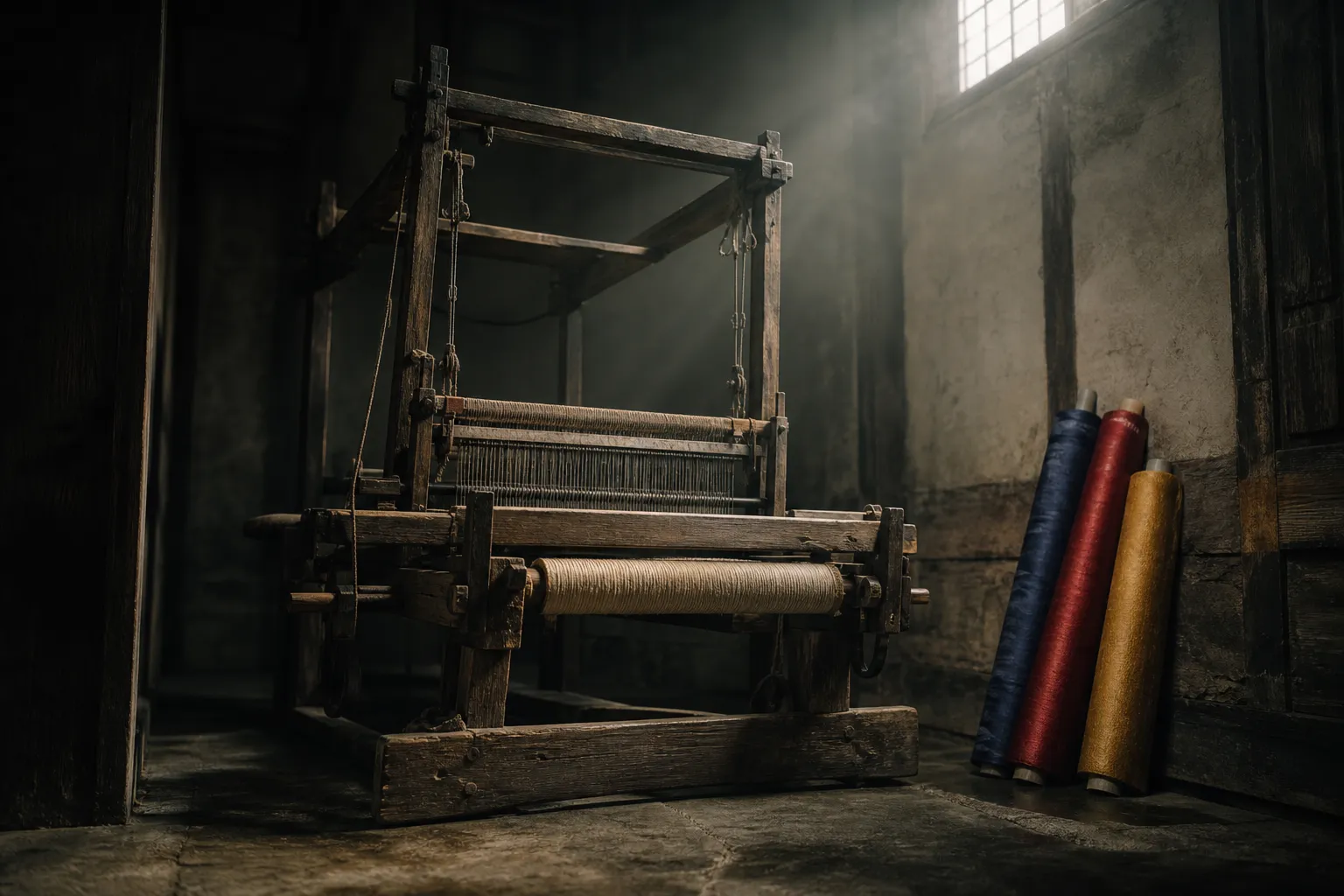 A beautifully lit interior of a traditional Japanese textile workshop in Fujiyoshida, featuring a historic wooden loom and rolls of vibrant, high-quality silk fabrics.