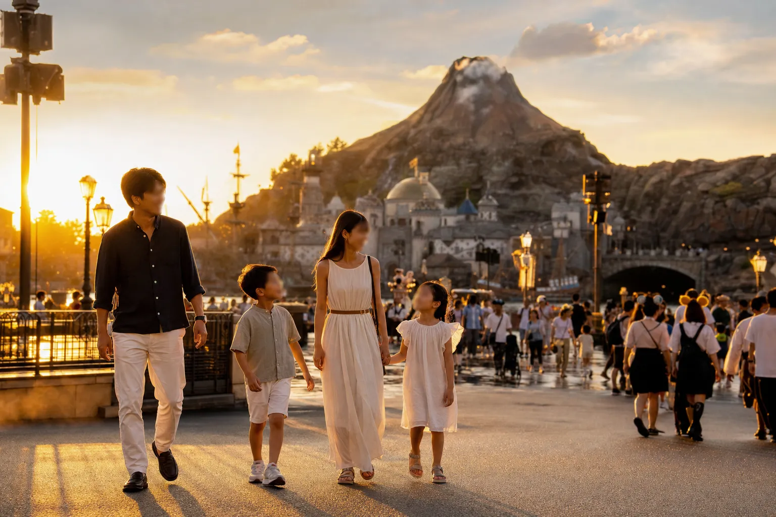 A calm, well-dressed family walking through a theme park in warm late-afternoon light