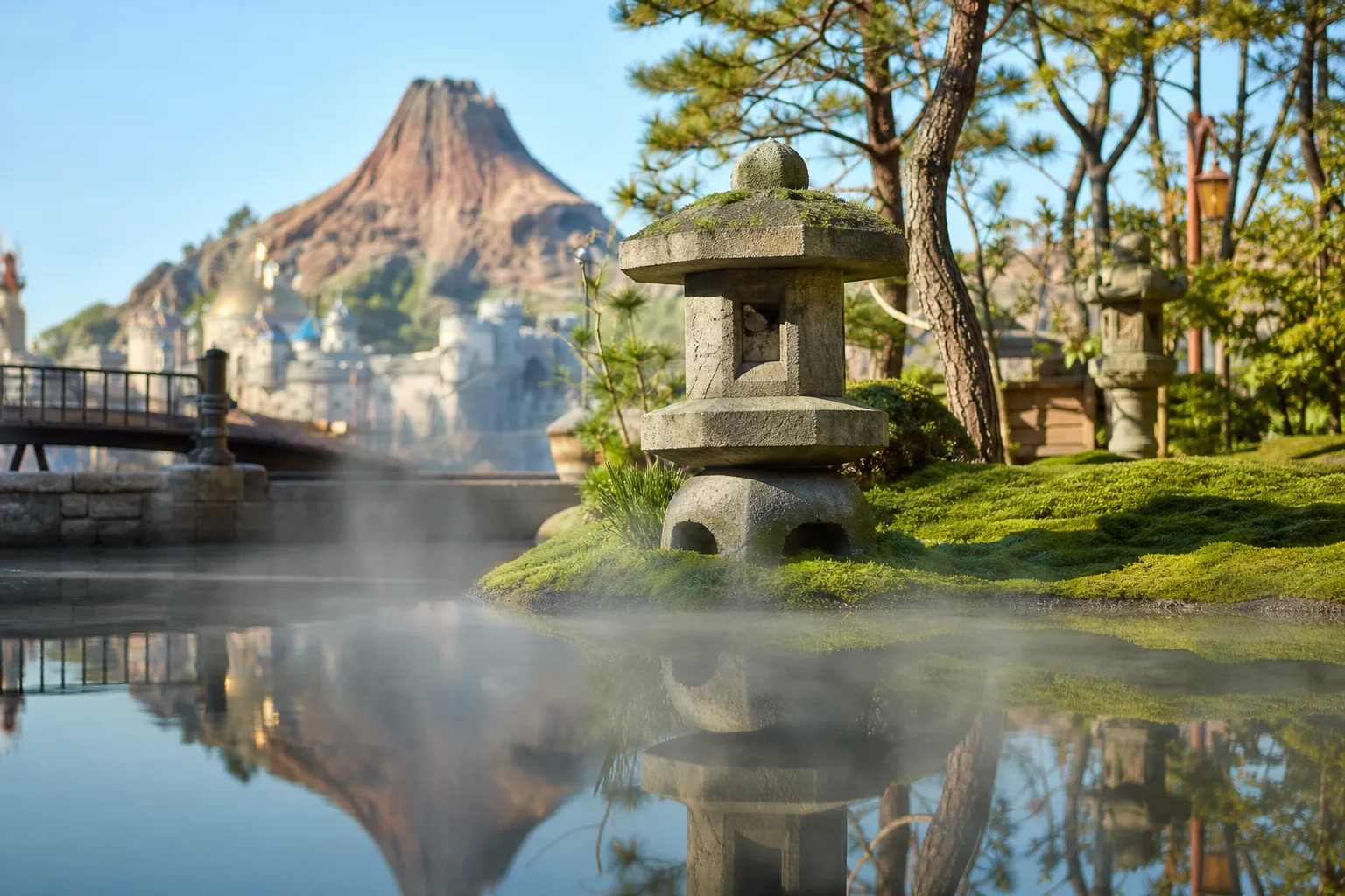 A tranquil moss garden with a stone lantern and rising steam in soft green light