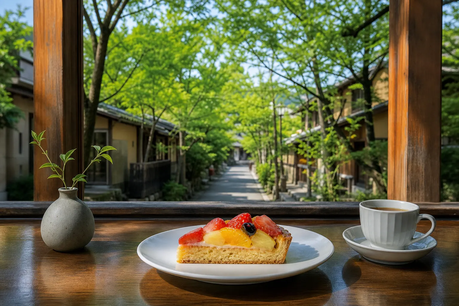 A slice of fruit tart served with tea at Qu'il Fait Bon Ginza cafe