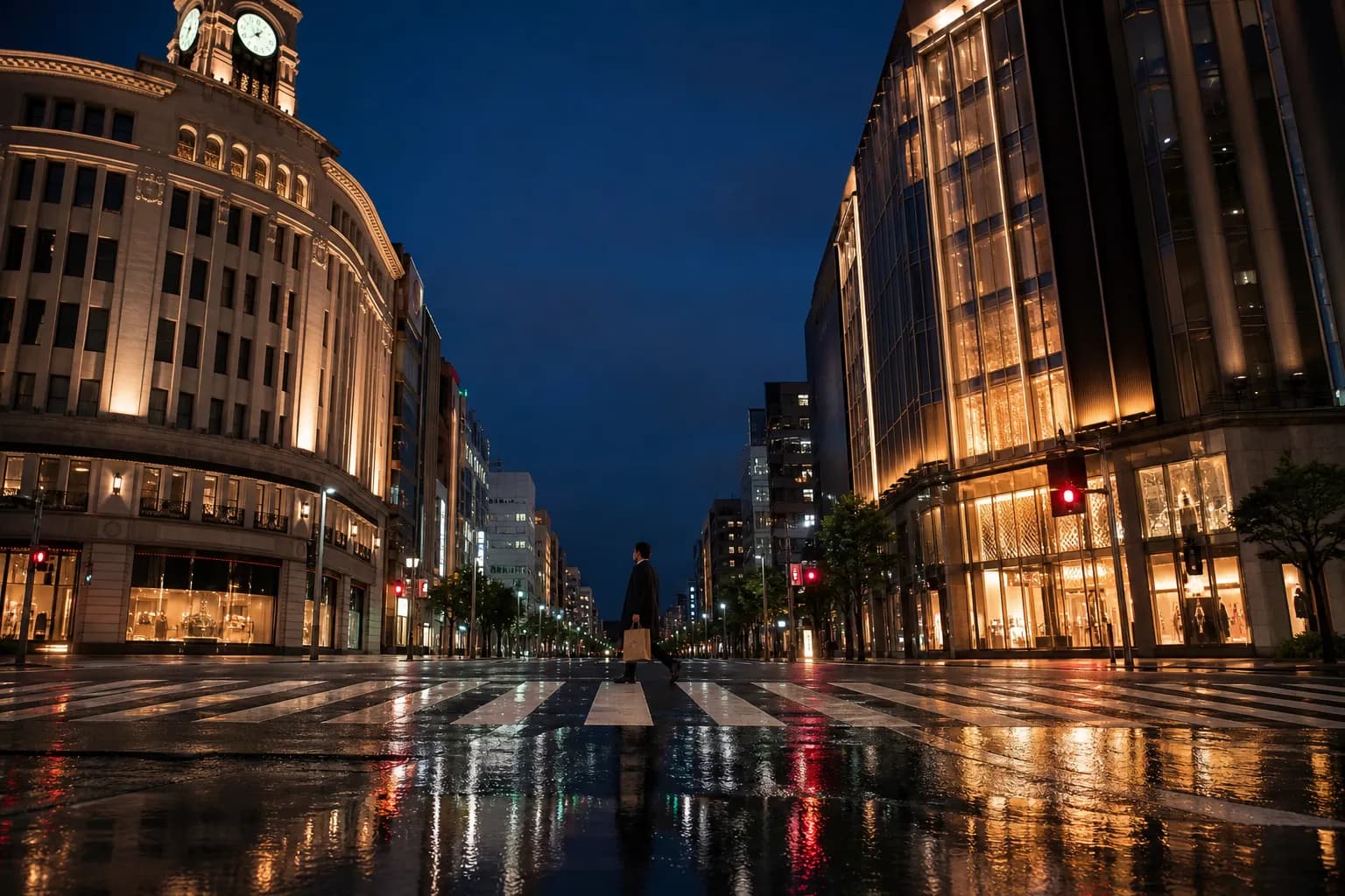 Ginza at night — the Wako clock tower and glowing boutique windows over an empty crossing