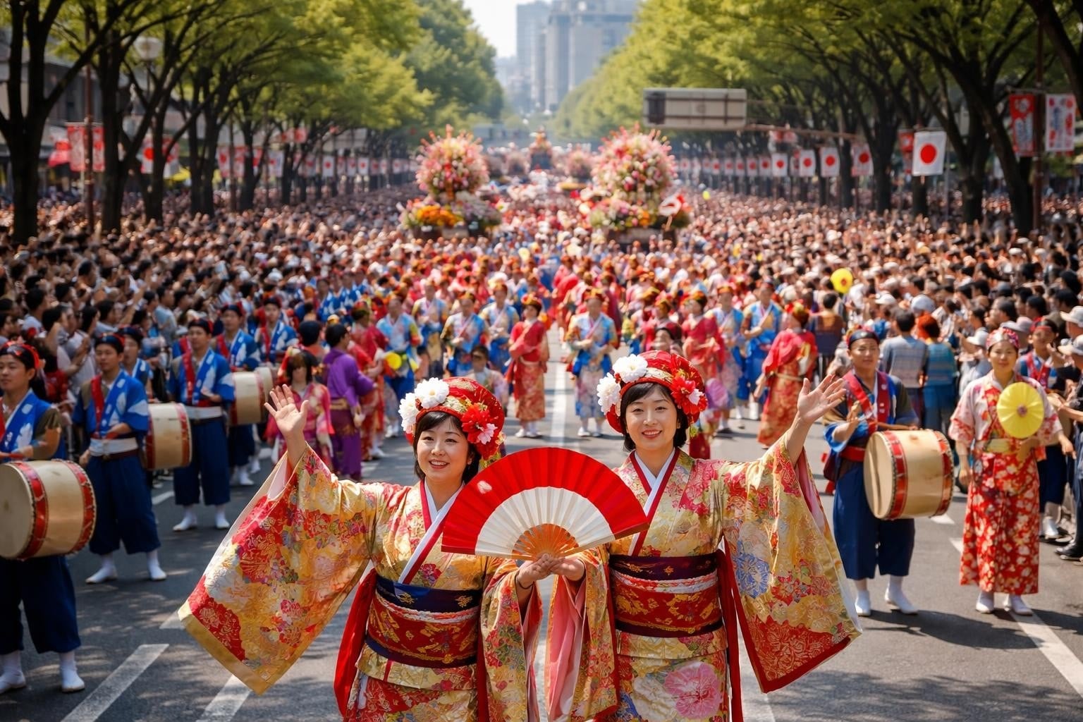 Dancers in vibrant kimono with red fans leading the Hakata Dontaku festival parade through a crowded avenue