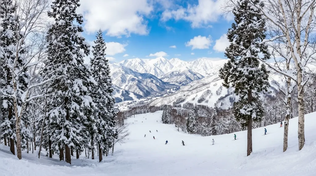 A wide panoramic view of Happo-One ski resort in Hakuba, Japan, showing steep snowy runs, mountain ridges, and a dramatic vertical drop under a clear blue winter sky.