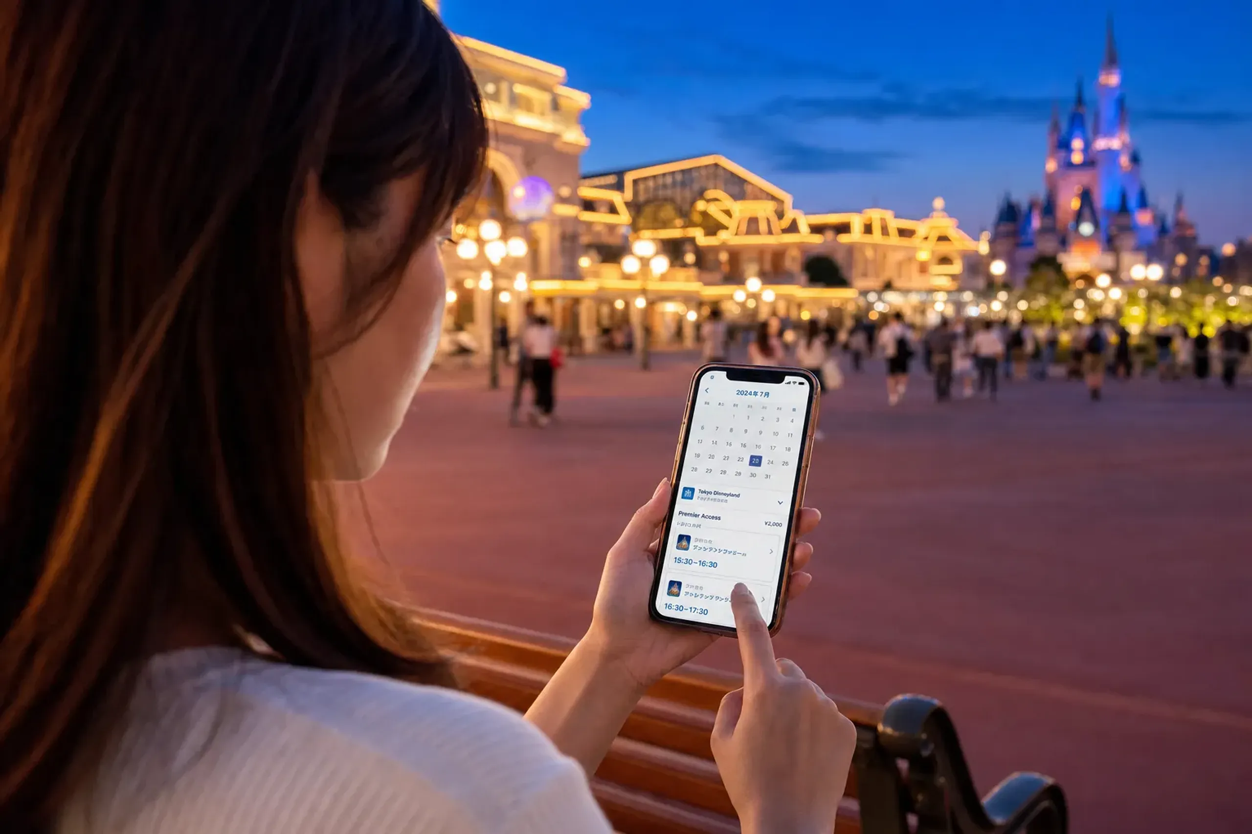 Visitor checking a theme park app calendar near Tokyo Disneyland entrance at dusk