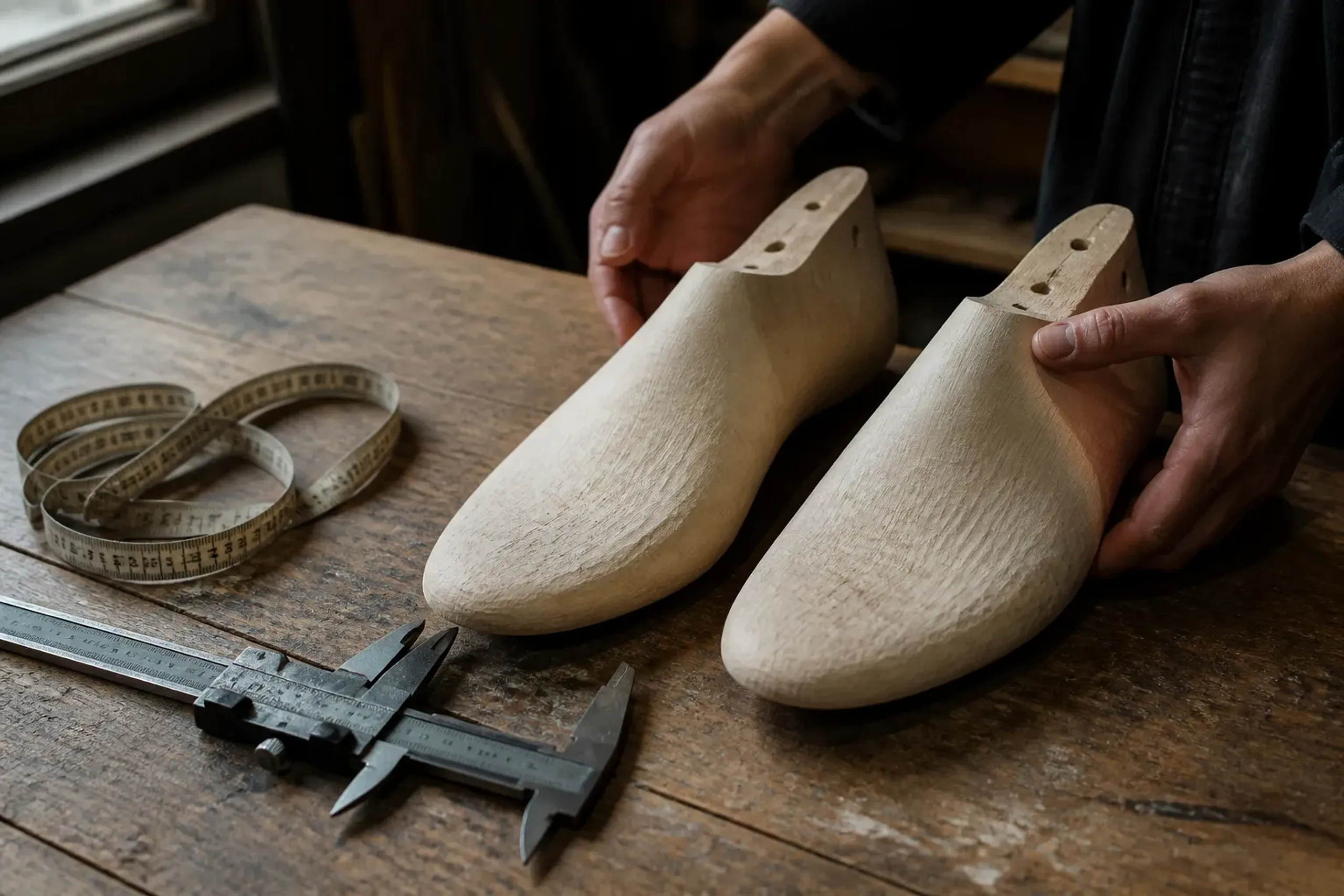 Close-up inside a shoemaker’s workshop of a pair of unfinished wooden shoe lasts on a workbench, with a soft measuring tape and calipers laid beside them—showing the “last” as the early milestone that