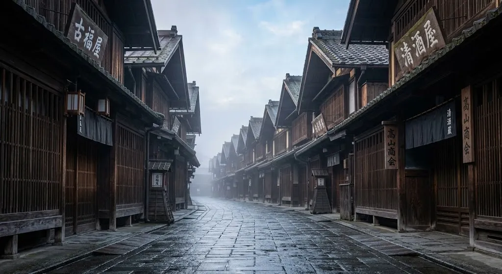 A deep perspective view down a quiet, stone-paved street in Hida Takayama lined with traditional dark wooden townhouses featuring uniform gabled roofs and intricate architectural details.