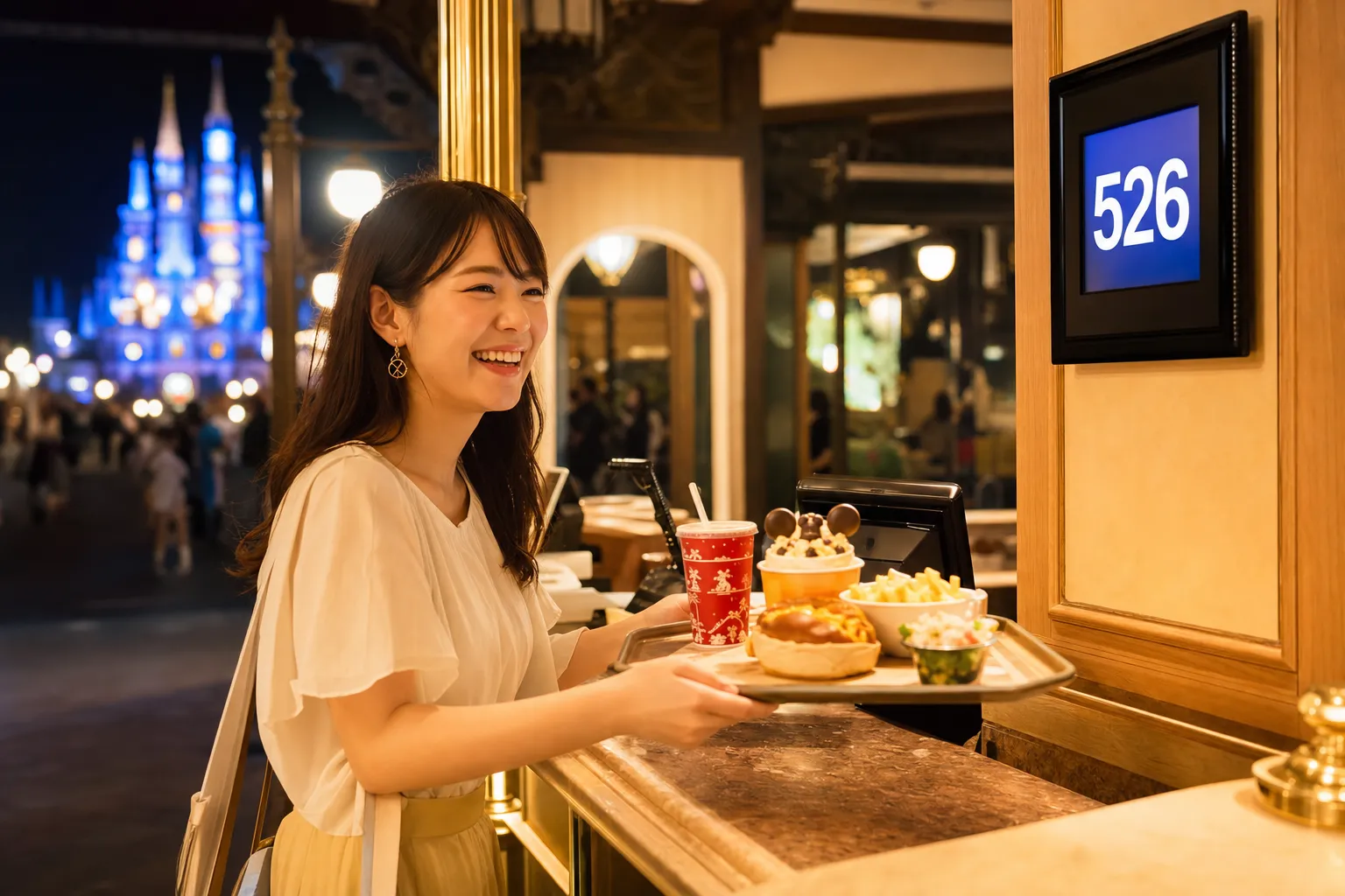 Guest picking up food at a Tokyo Disney Resort restaurant counter with minimal waiting
