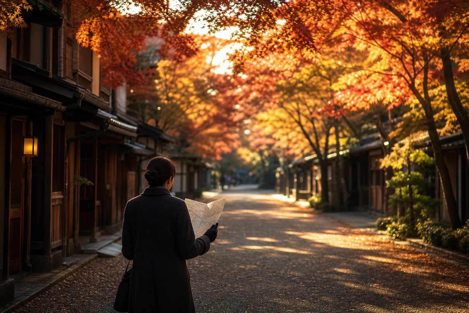 A sophisticated traveler in a chic coat holds a printed map, looking down a stunning historical village avenue framed by vibrant, glowing red and gold autumn leaves.