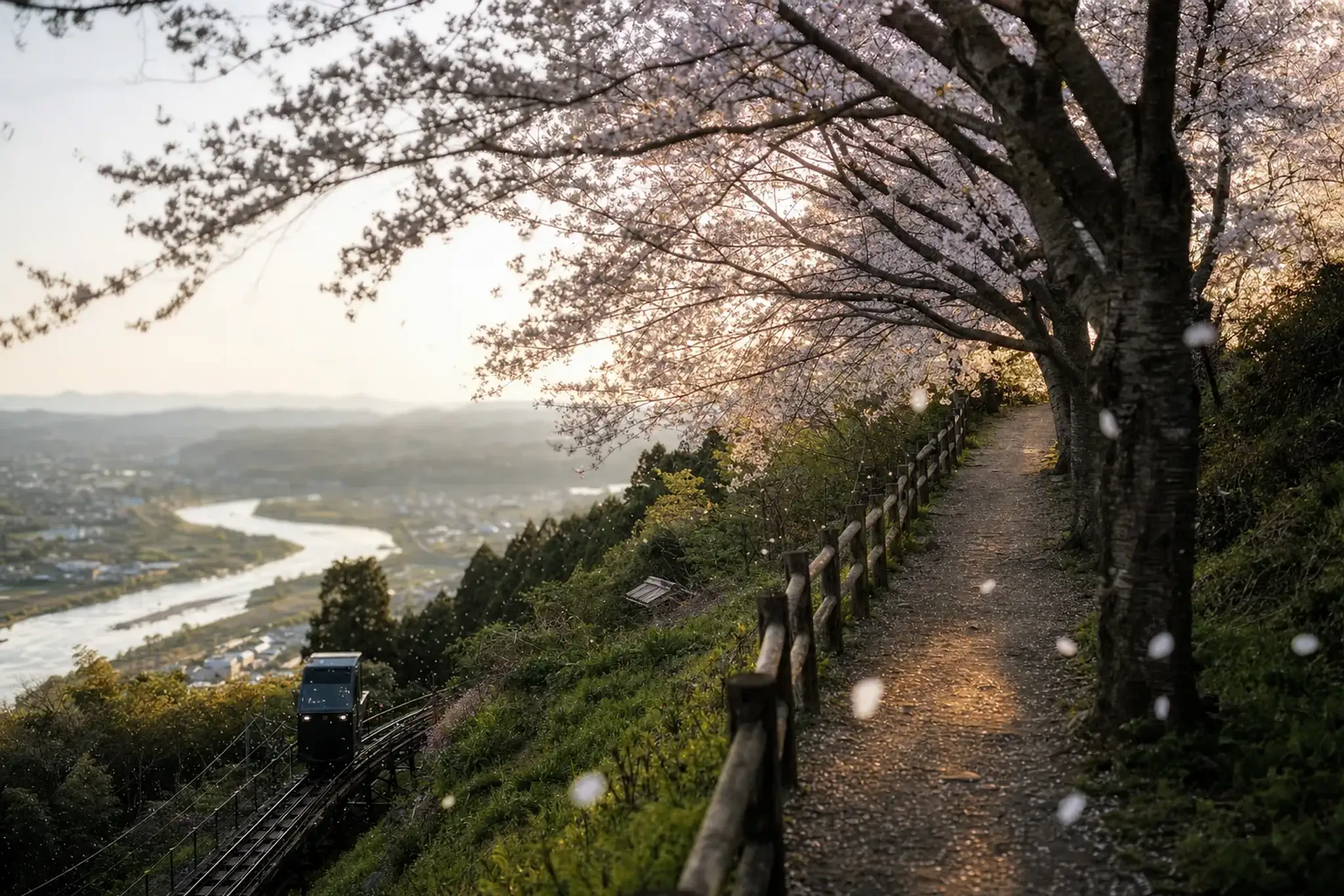 Funaoka Castle Ruins Park is separate from the riverbank, an