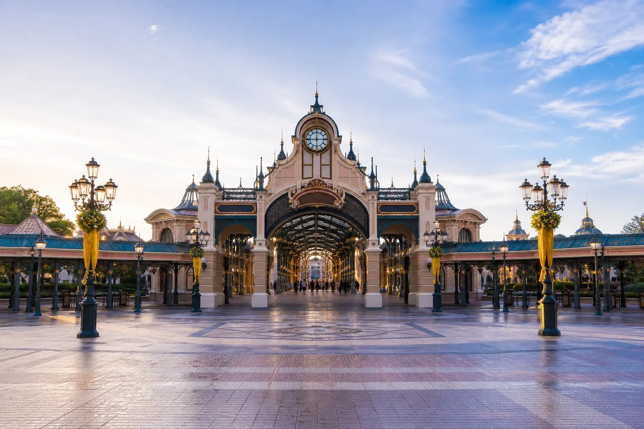 Tokyo DisneySea park entrance gates and signage in the morning