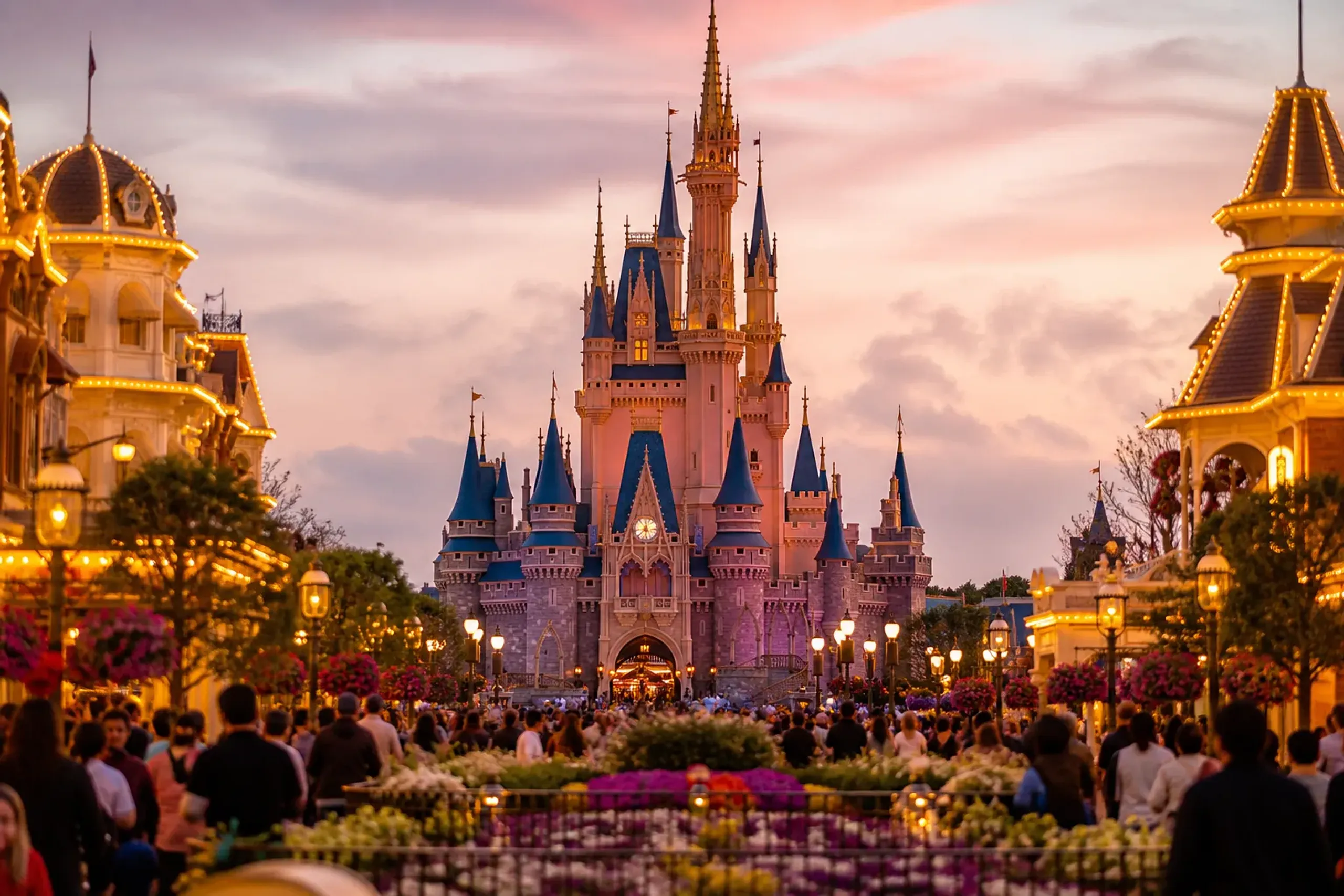 The soaring castle spires of Cinderella Castle rising above Tokyo Disneyland at golden hour, viewed across the central plaza