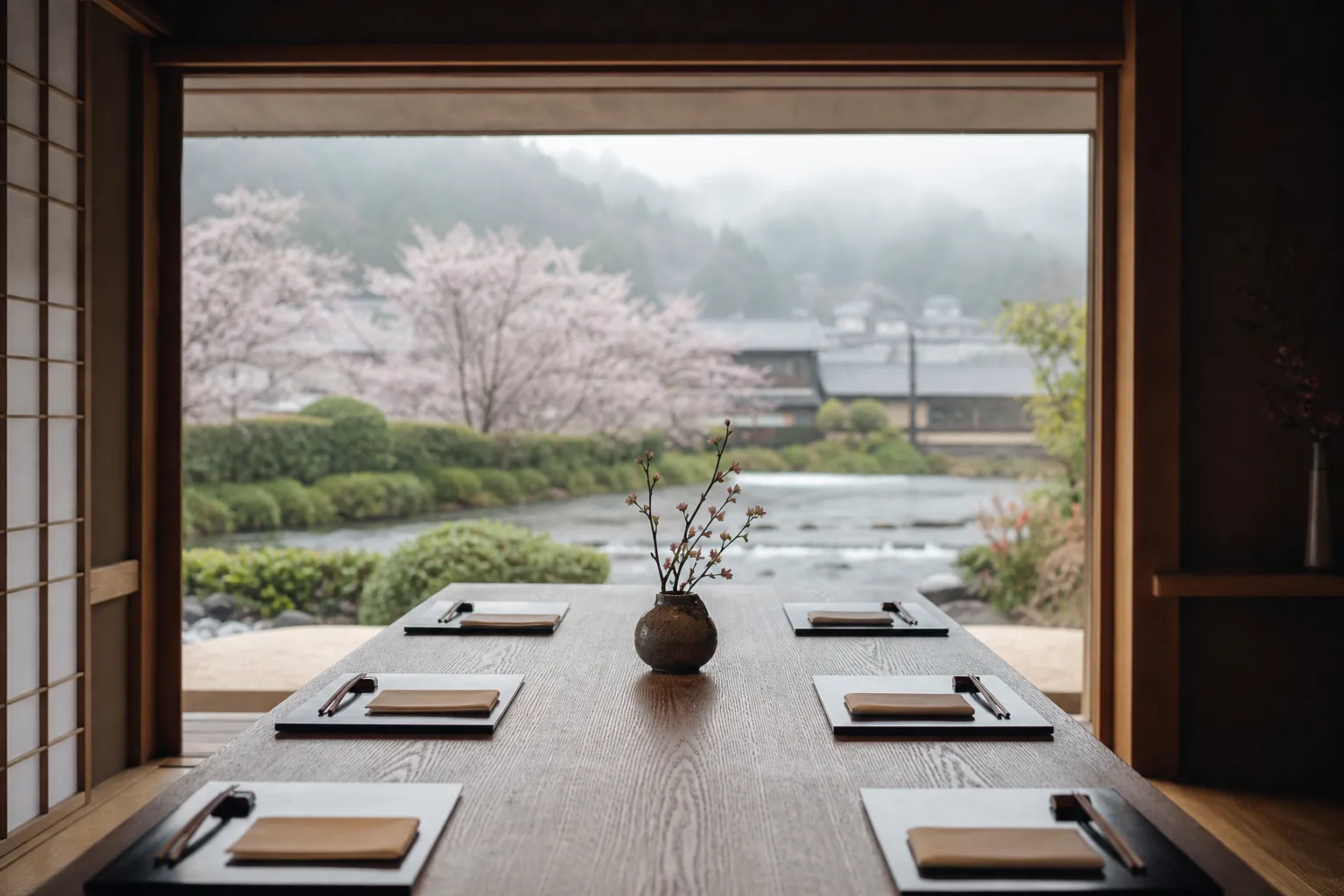 Simple Japanese restaurant table setting prepared for a fixed-time seating in Kyoto