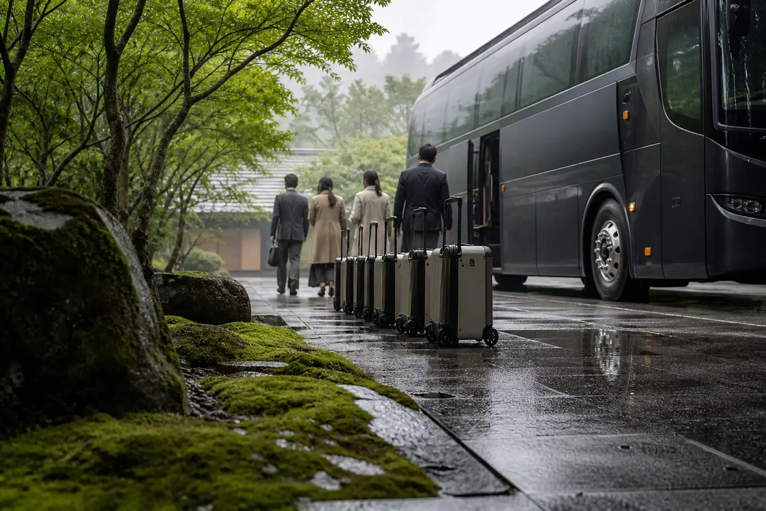 Small group boarding a private high-deck bus in Japan with luggage arranged neatly