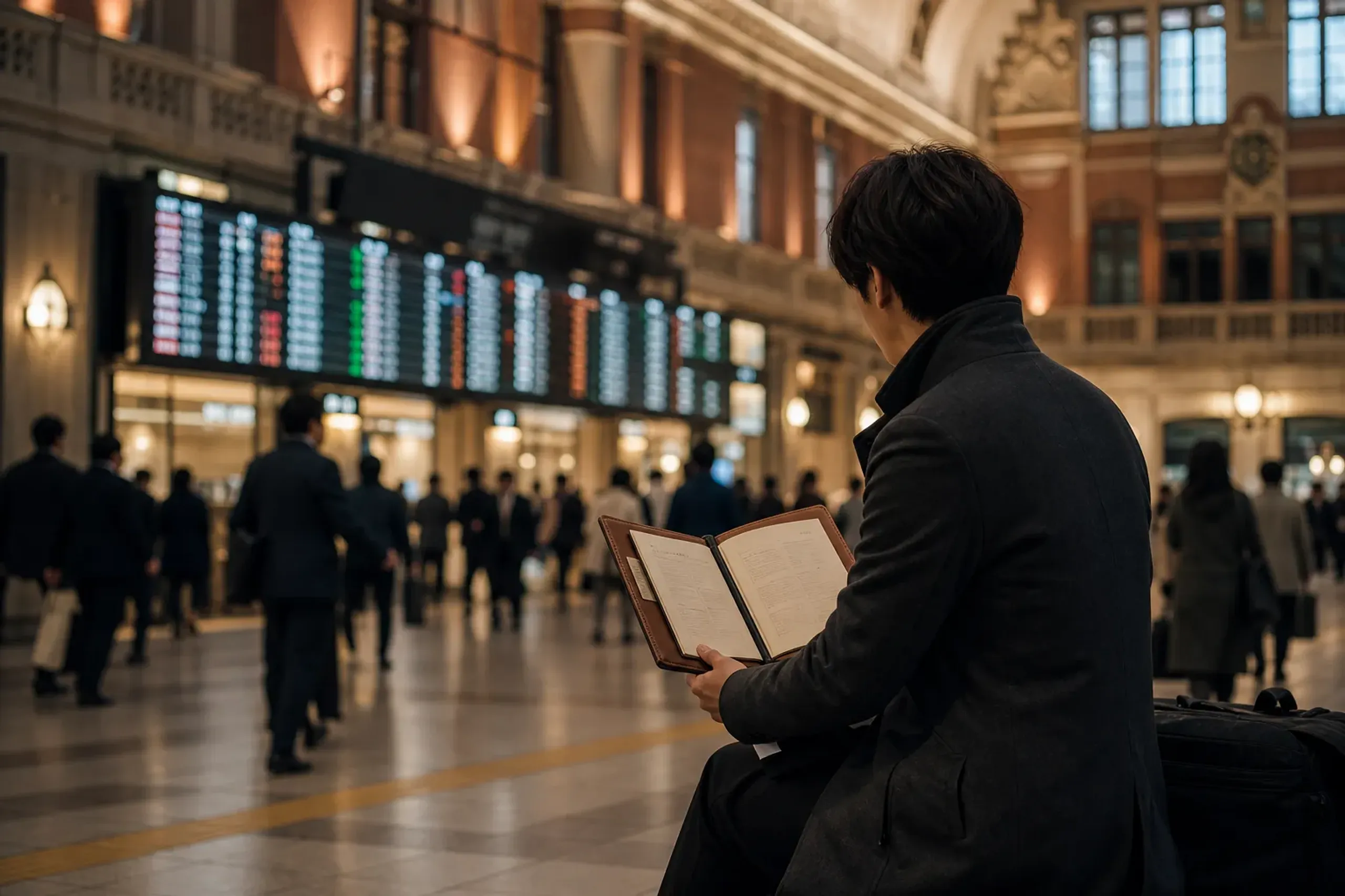 Traveler reviewing an itinerary inside Tokyo Station concourse before choosing rail or car