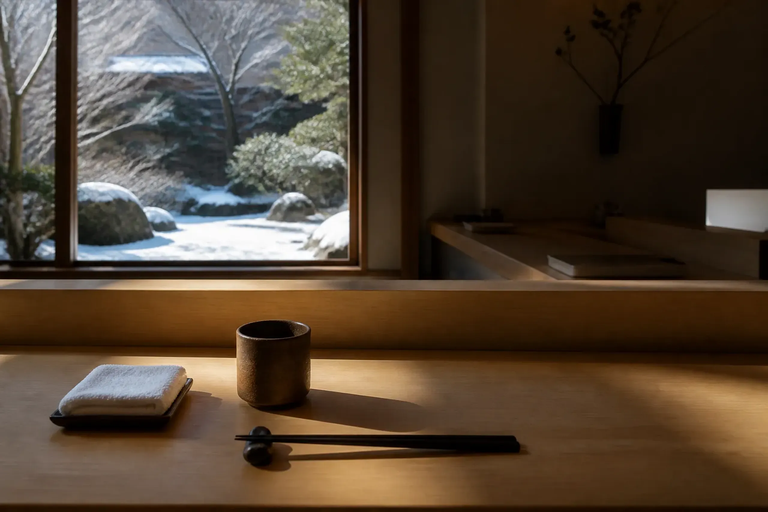 Japanese counter place setting with chopsticks, oshibori, and ceramic cup
