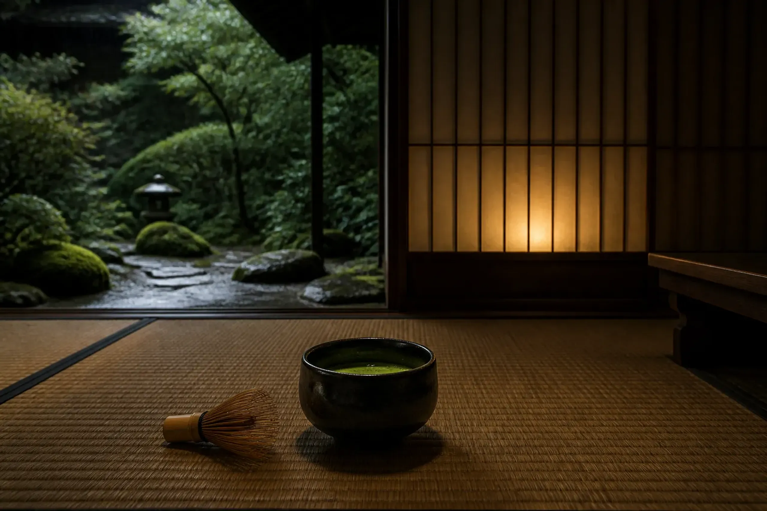 A single matcha tea bowl and bamboo whisk set on a tatami mat in a quiet, lantern-lit temple tearoom, with a shoji screen and low wooden table