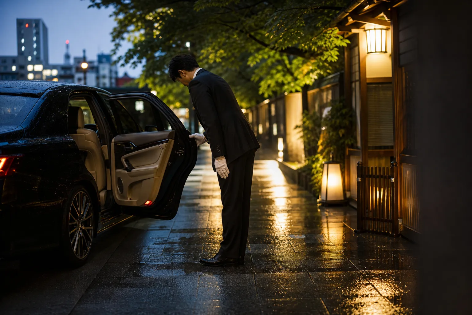 Valet in a dark suit and white gloves stands by a black luxury sedan with the rear door open on a city street sidewalk.