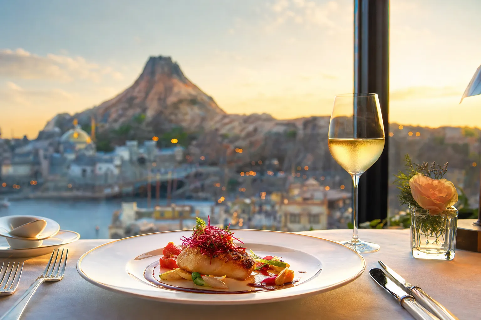 Seasonal plated dish with wine pairing at a Tokyo DisneySea hotel restaurant