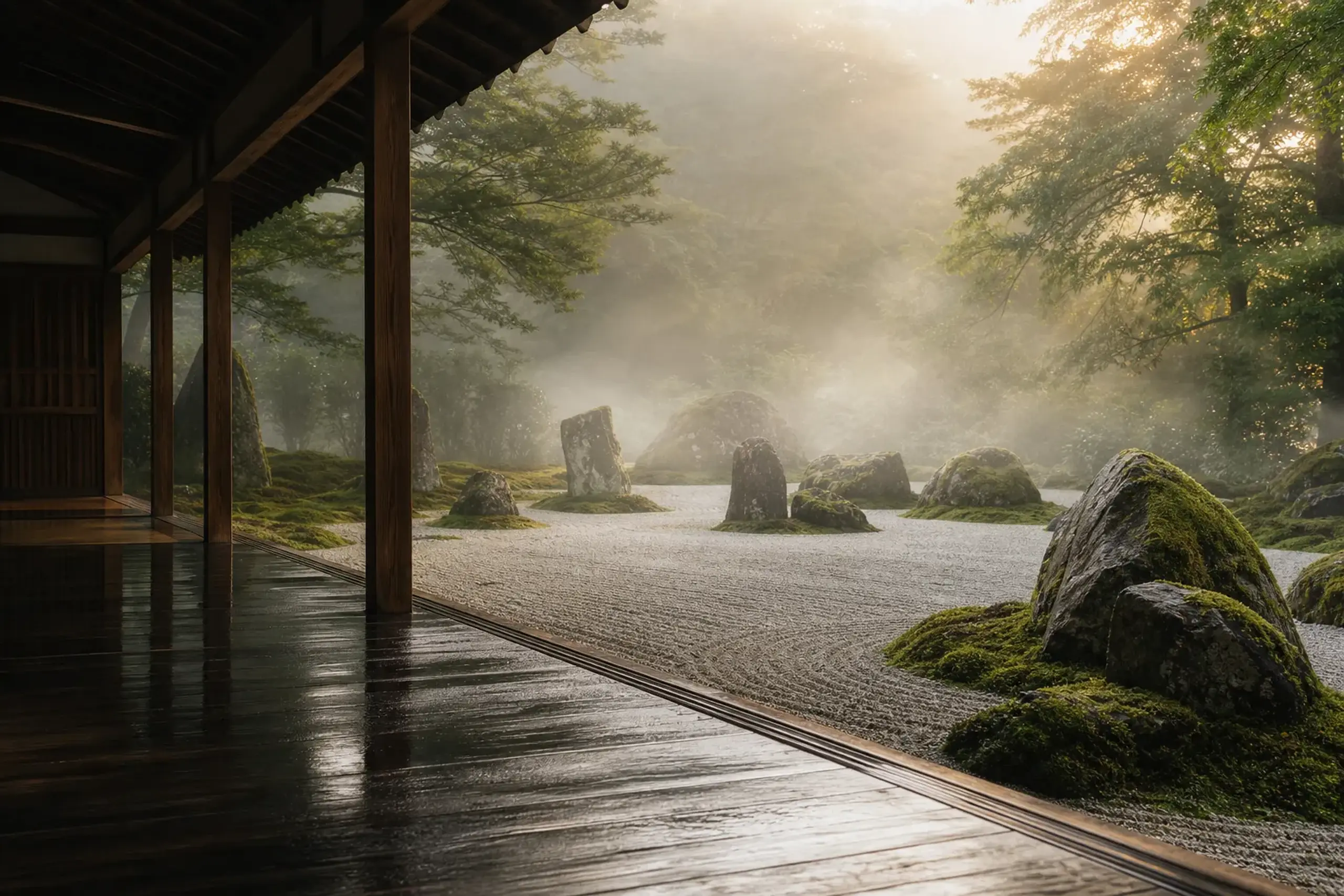 Moss and raked gravel in a quiet Kyoto temple garden in early morning light