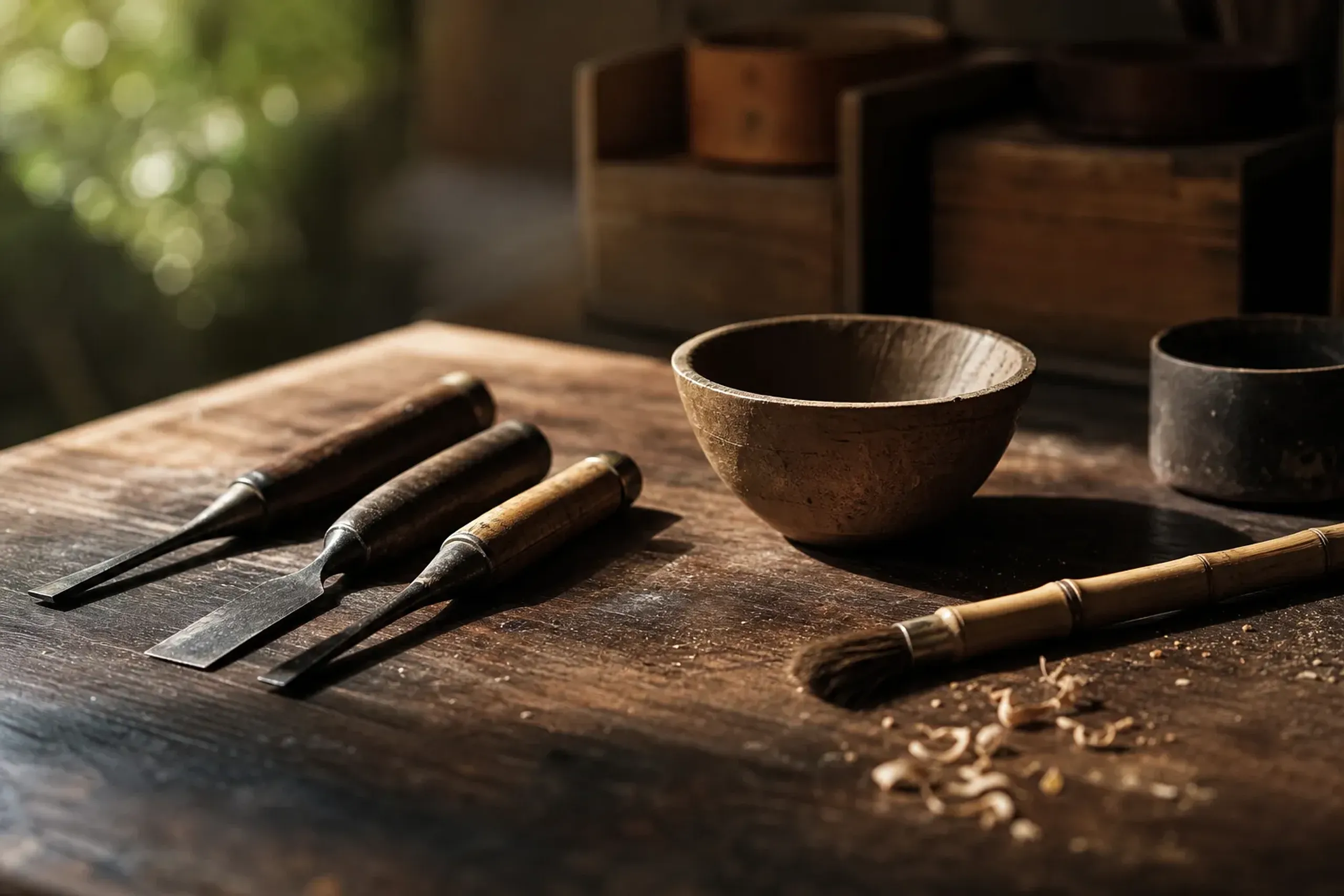 Traditional hand tools on a wooden workbench in a Kyoto artisan studio with natural light